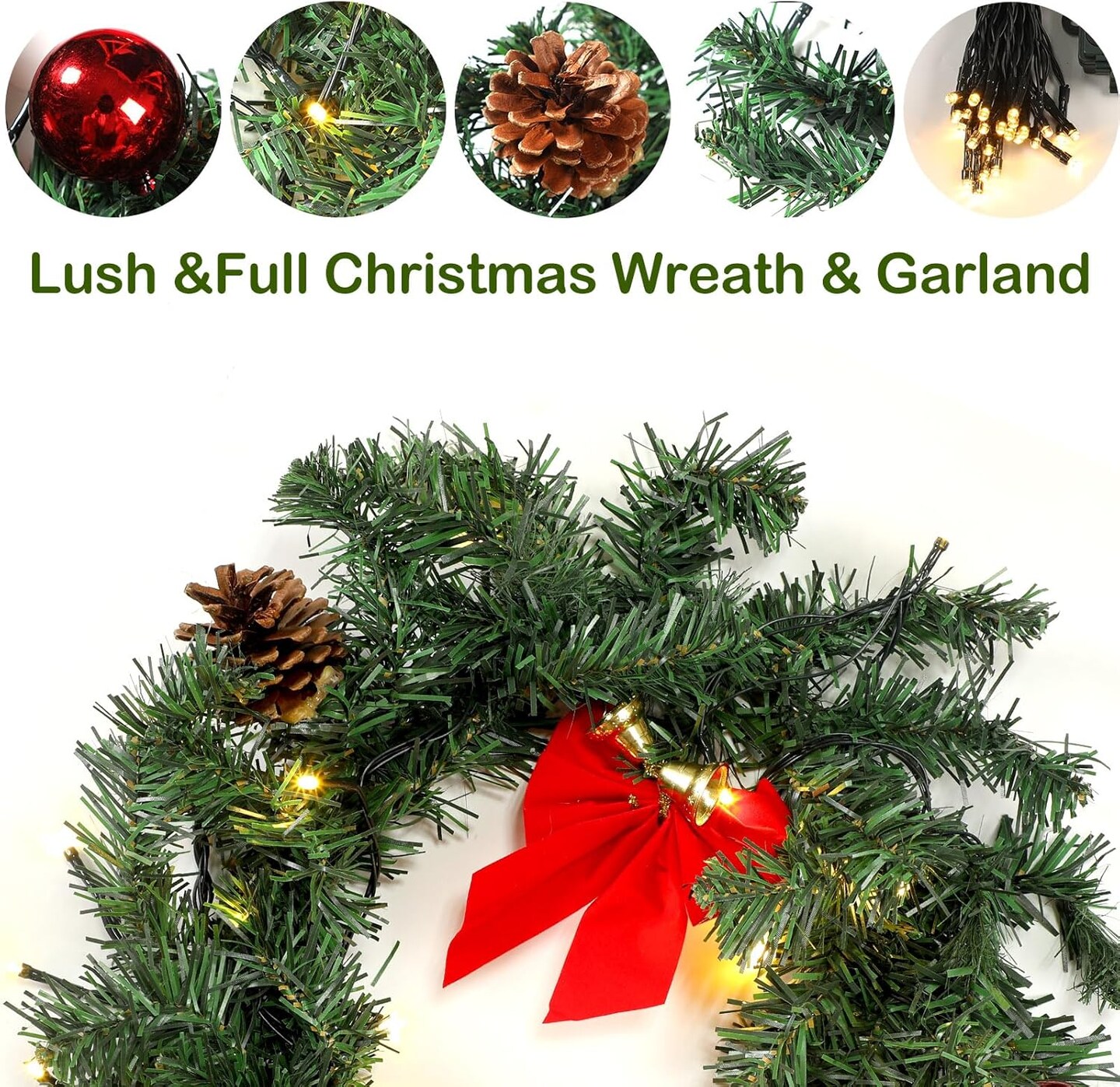 15ft Outdoor Christmas Garland with 100 Warm LED Pre-lit Artificial Christmas Garlands Decor Green Frosted