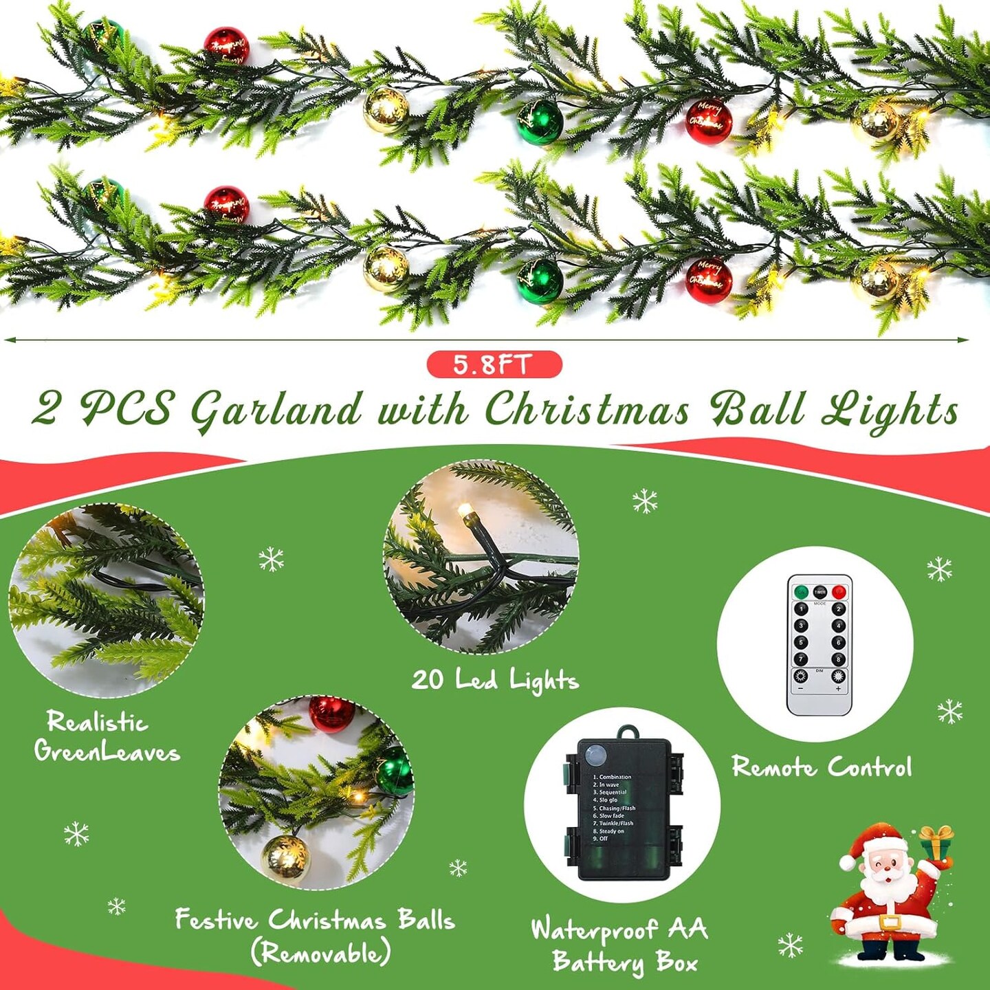 2 Pcs Prelit Christmas Garland with Lights, 12ft 20 Christmas Balls LED Lighted