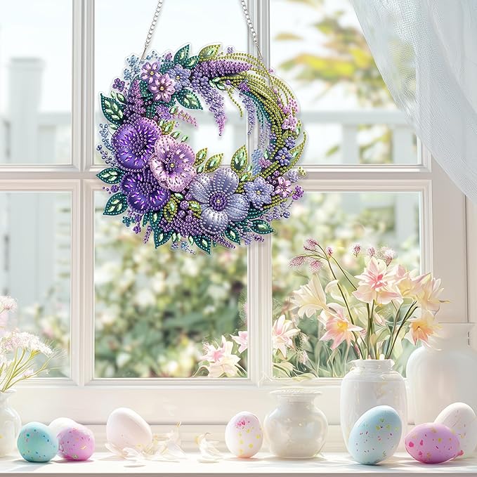 Spring Diamond Art Hanging Kit for Adults, DIY Diamonds Painting Door Hanging Board Kit, Special Crystal Diamond Art Painting Pendant Ornament (Flower Wreath)