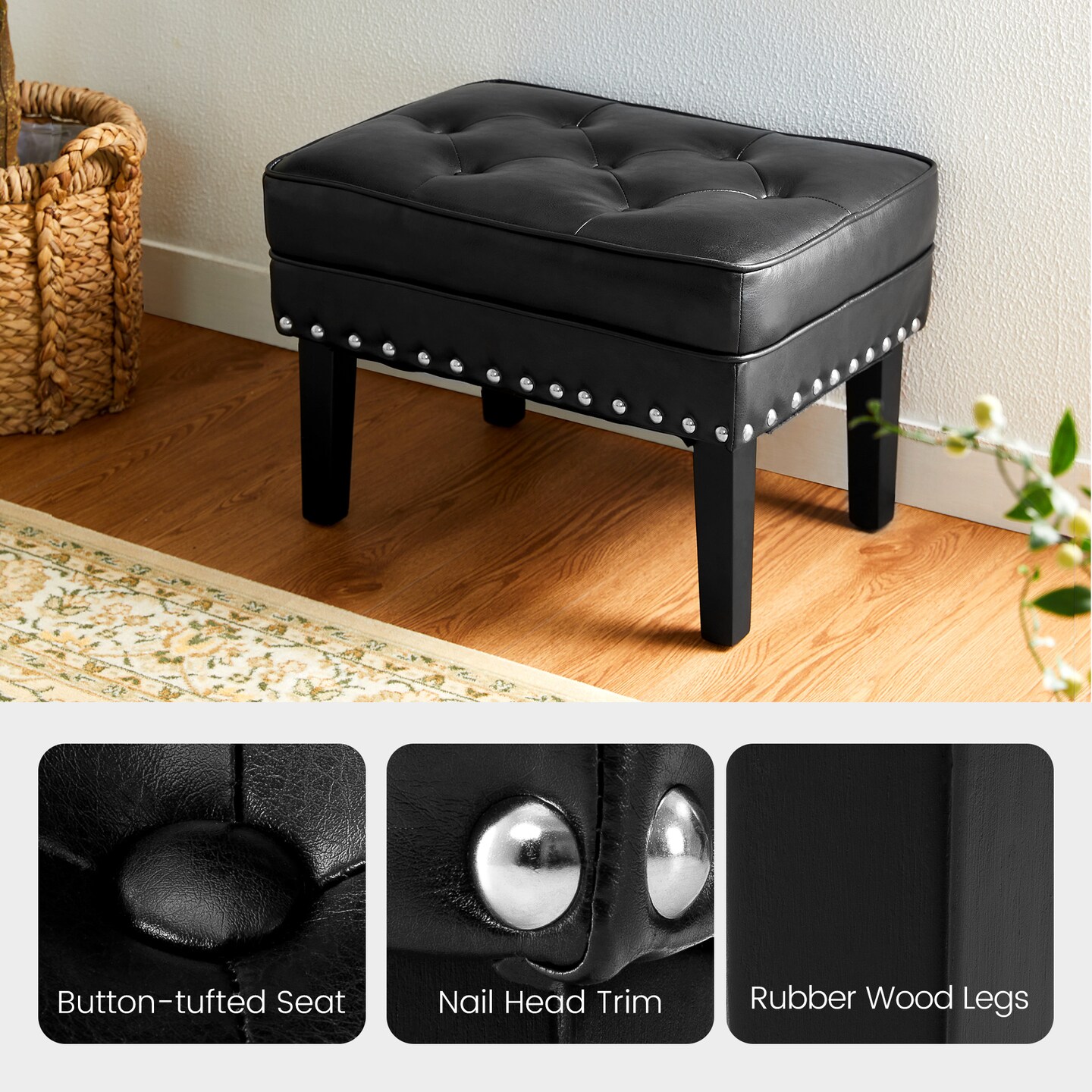 22&#x22;W Mid-century PU Leather Tufted Ottoman Foot Stool