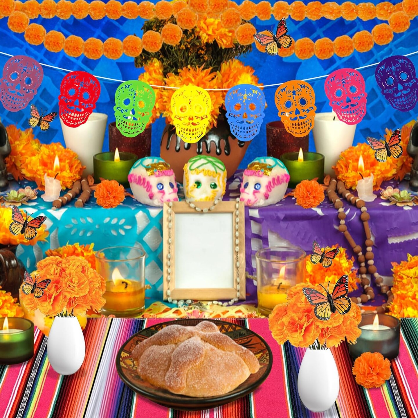 94 Pcs Dia De Los Muertos Decorations Ofrenda Set(Multi Color)