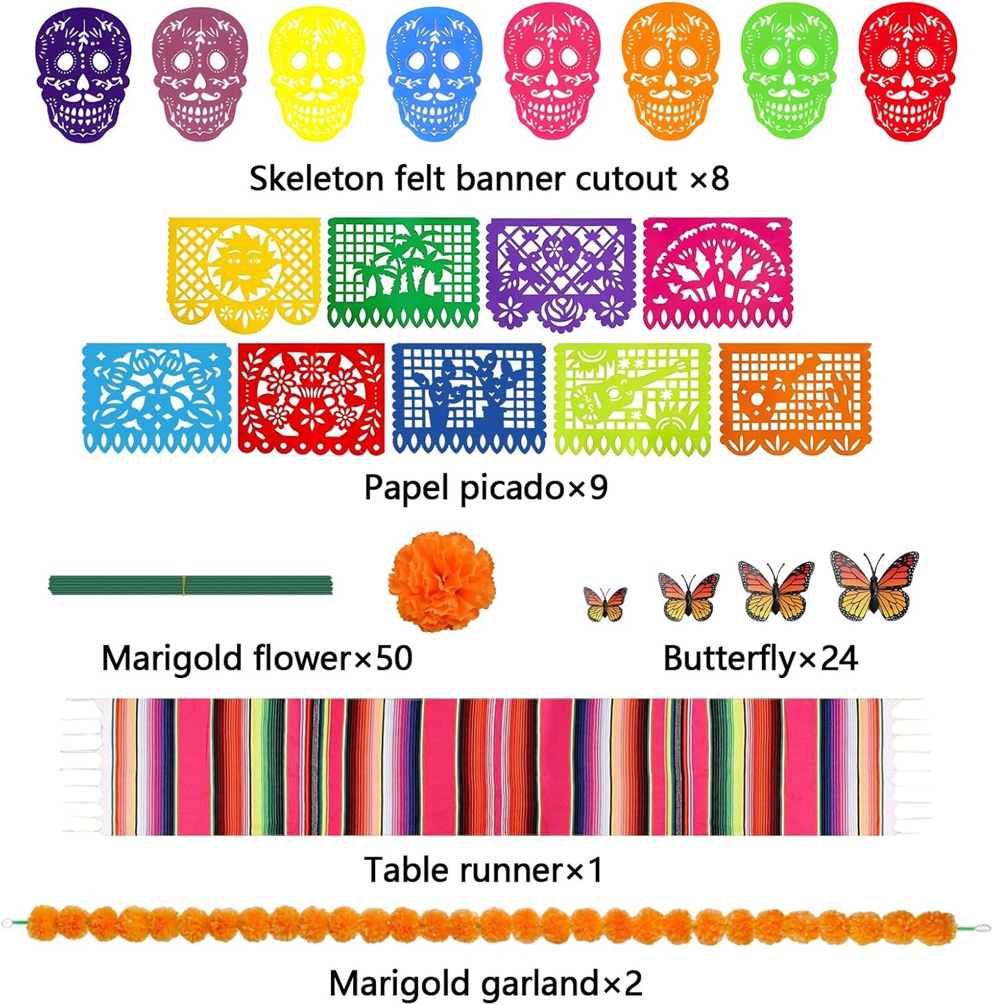 94 Pcs Dia De Los Muertos Decorations Ofrenda Set(Multi Color)