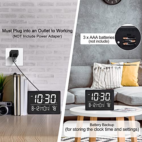 Digital Alarm Clock with Snooze, Small Clock/Table Clock, 6.3&#x22; LED Digital Calendar, 12/24H, Adjustable Brightness/Volume, Desk Clock for Bedroom, Living Room, Office - Black