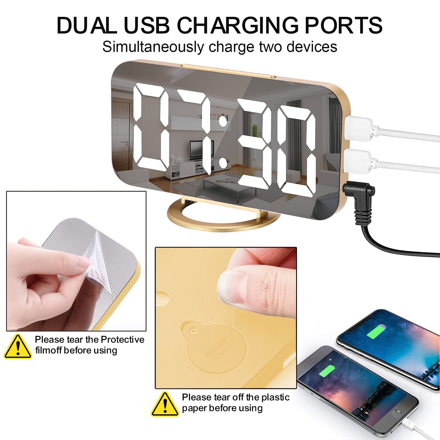 Digital Alarm Clock,LED and Mirror Desk Clock Large Display,with Dual USB Charger Ports,3 Levels Brightness,12/24H,Modern Electronic Clock for Bedroom Home Living Room Office - Gold