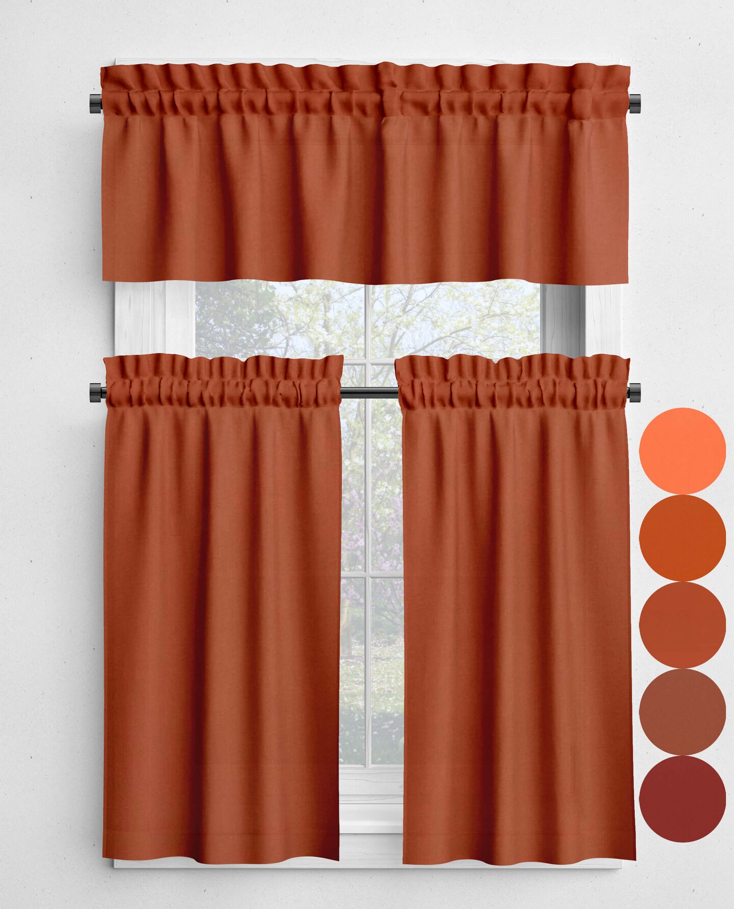 product name is Solid Color Valances Cafe Curtains Orange Rust Cinnamon Panels USA Handmade Kitchen Bathroom Bedroom Cotton Window Treatments