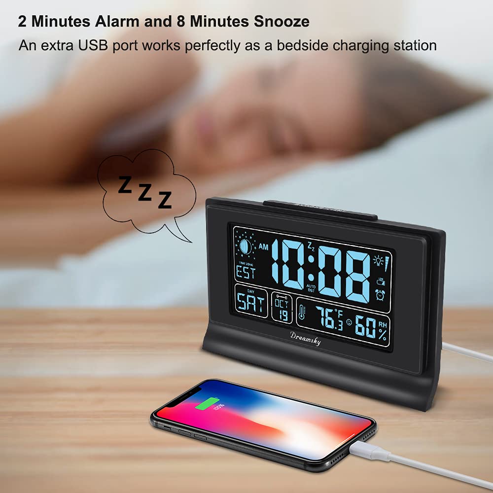 Digital Alarm Clock with Large Display, Temperature &#x26; Humidity, 6 Level Brightness, USB Charging, Battery Backup, Black