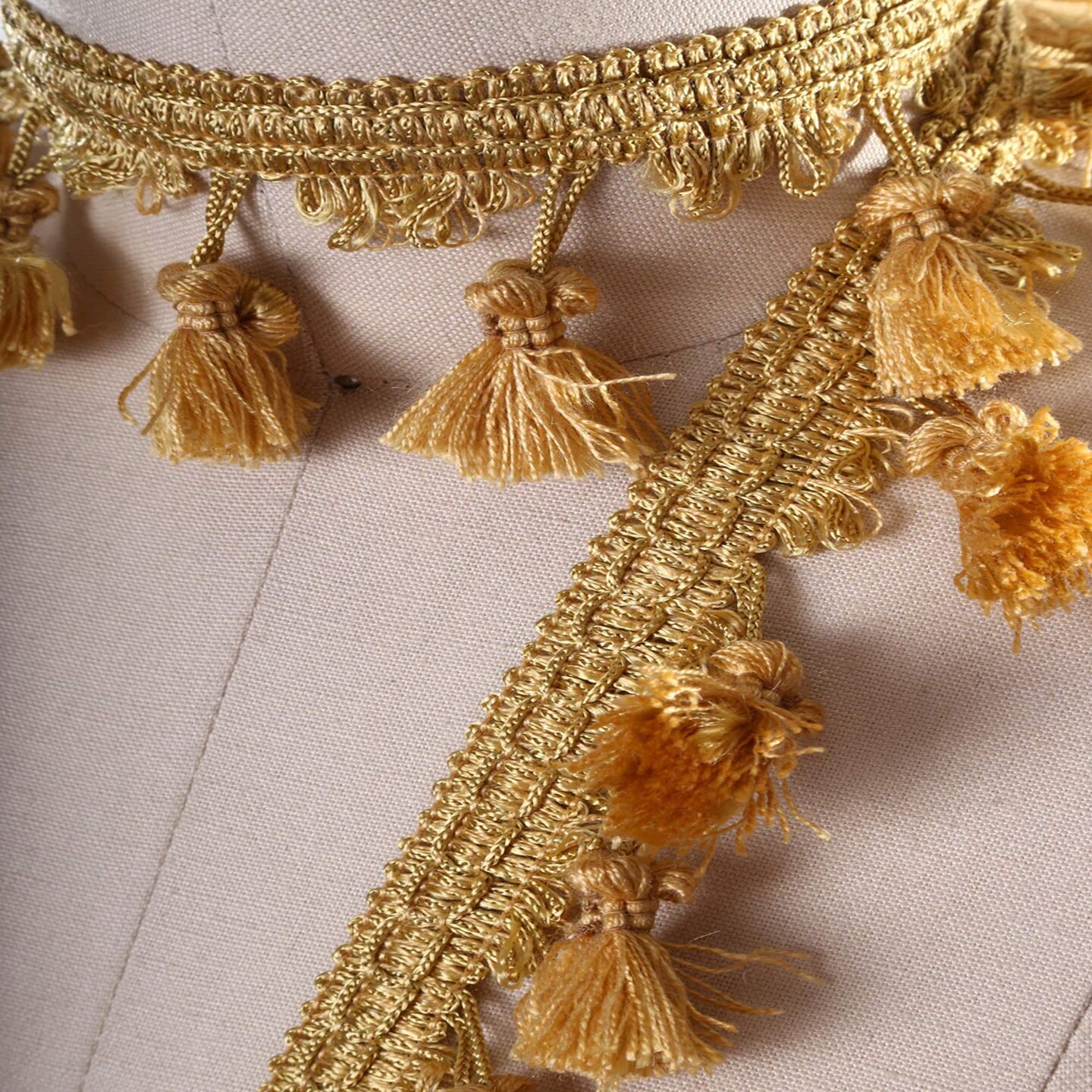 1 Yard Gold Braided Gimp Trim with Decorative Tassel Fringe for Upholstery and Drapes 2” Width