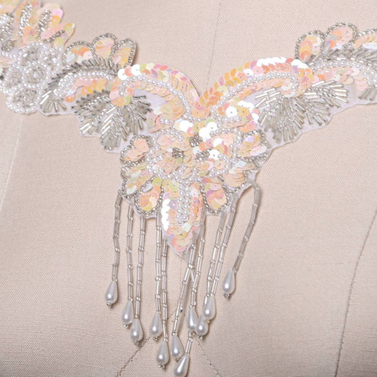 ! Piece Peach V Neck Applique with Sequin Beaded Fringe and Rhinestone Detailing