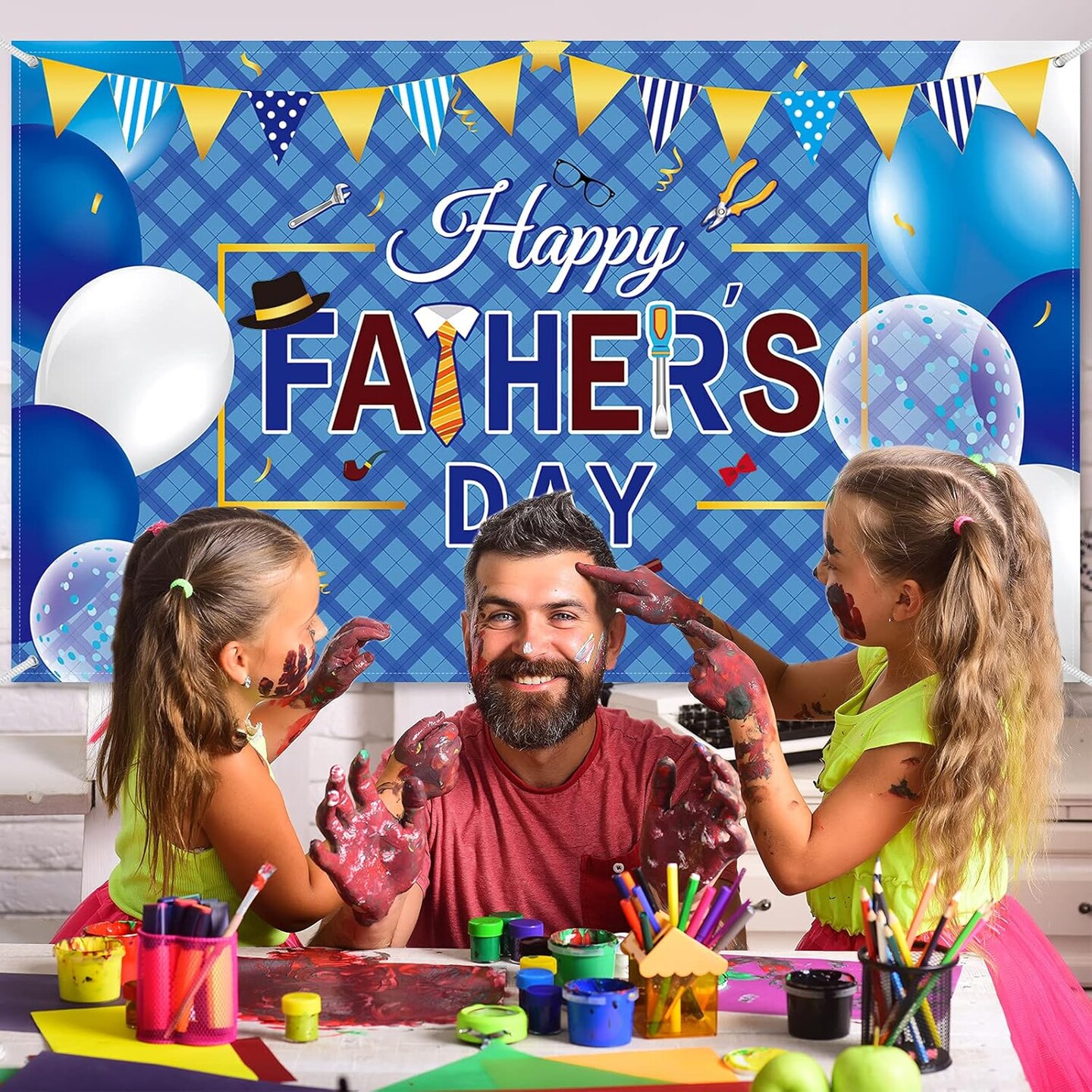 Happy Father’s Day Banner Decorations – 73" x 43" Large Polyester Fabric Backdrop Sign with Rope, Father’s Day Party Decoration for Indoor Outdoor Yard Home Decor