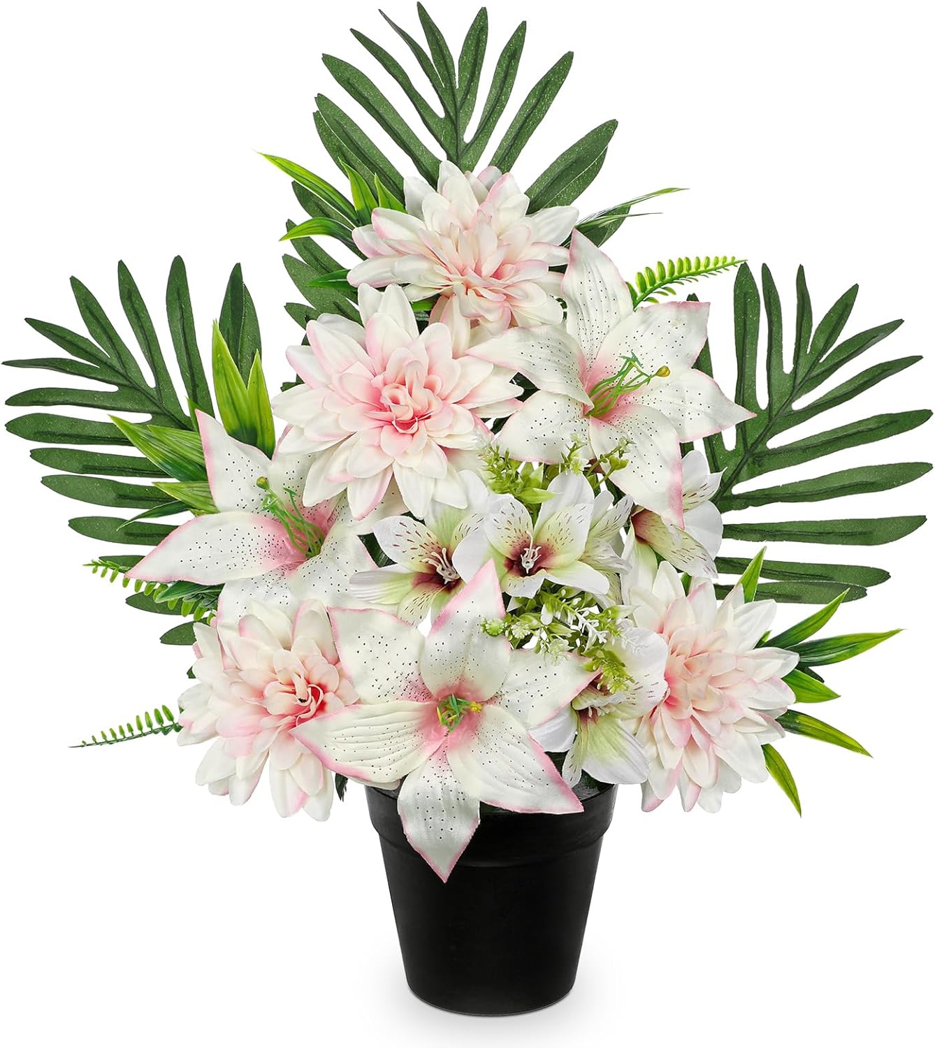 Artificial Cemetery Flowers in Weighted Pot - 18.8" Silk Pink & White Lily and Dahlia Arrangement - Weather Resistant Potted Funeral Flowers for Grave, Headstone & Outdoor Memorial