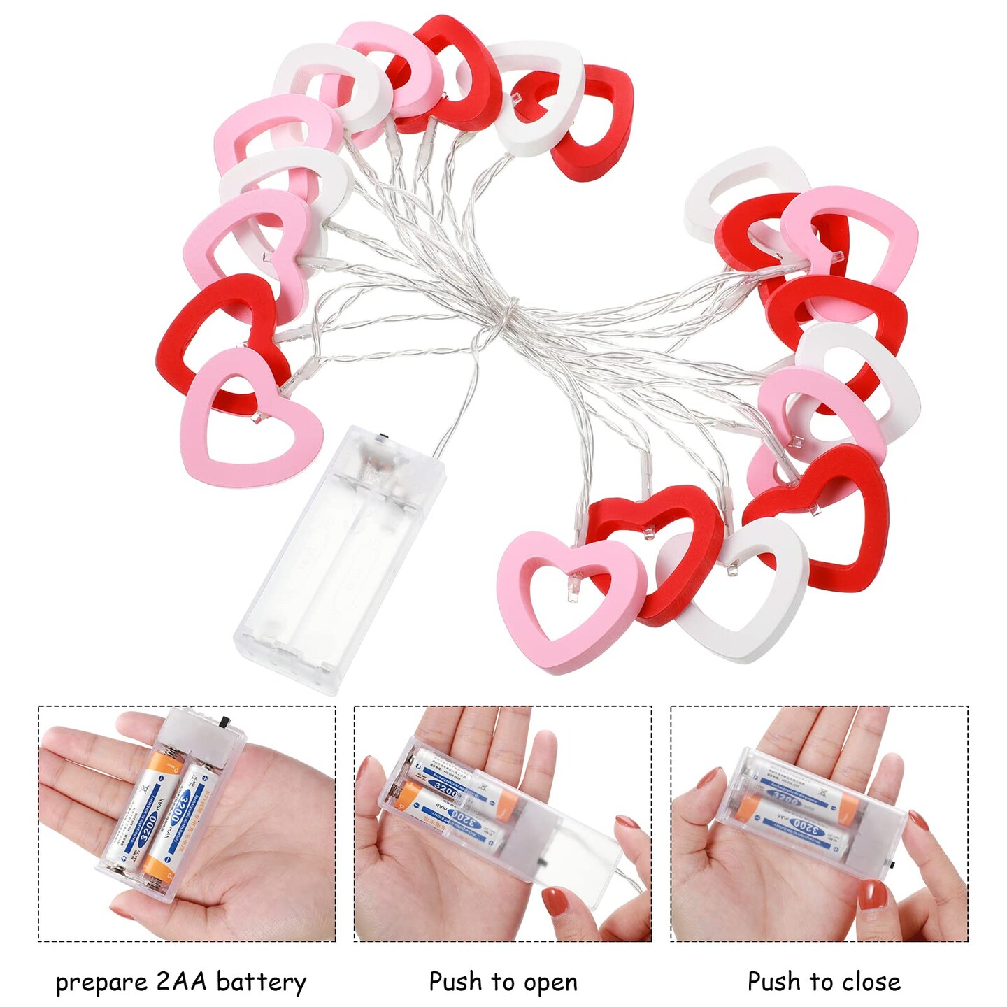 Valentine's Day Wooden Heart String Lights LED Fairy Hanging Love Lights Lamp Battery Operated Valentine's Day Decoration for Bedroom Festival Birthday Wedding(Red White Pink,20 Lights)