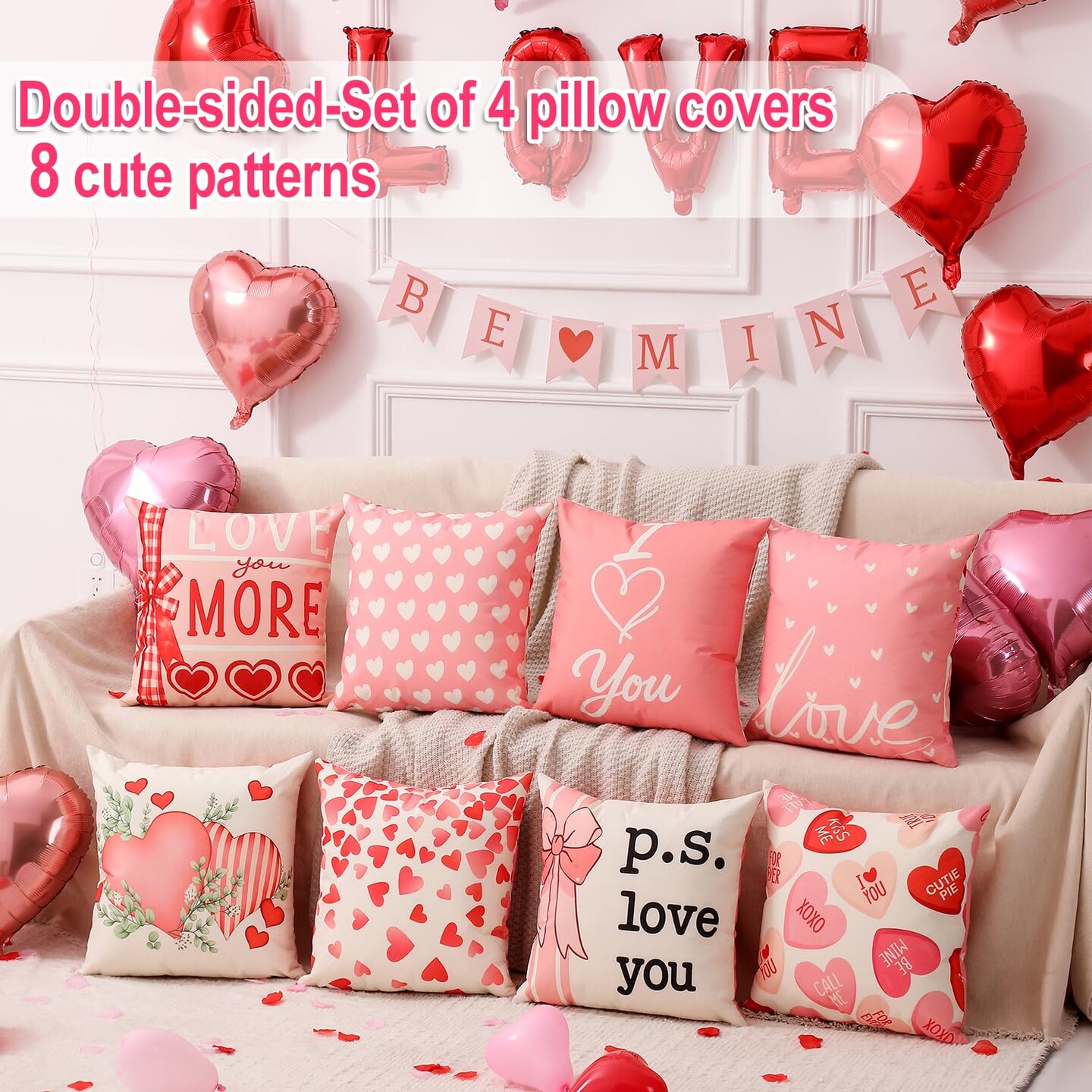 Valentine Decorations Set of 4 Double-Sided Valentine's Day Throw Pillow Covers 18" x 18", Reversible 8 Designs, with 16 pcs Heart & Love Balloons, Stickers, Complete Valentines Decor Kit