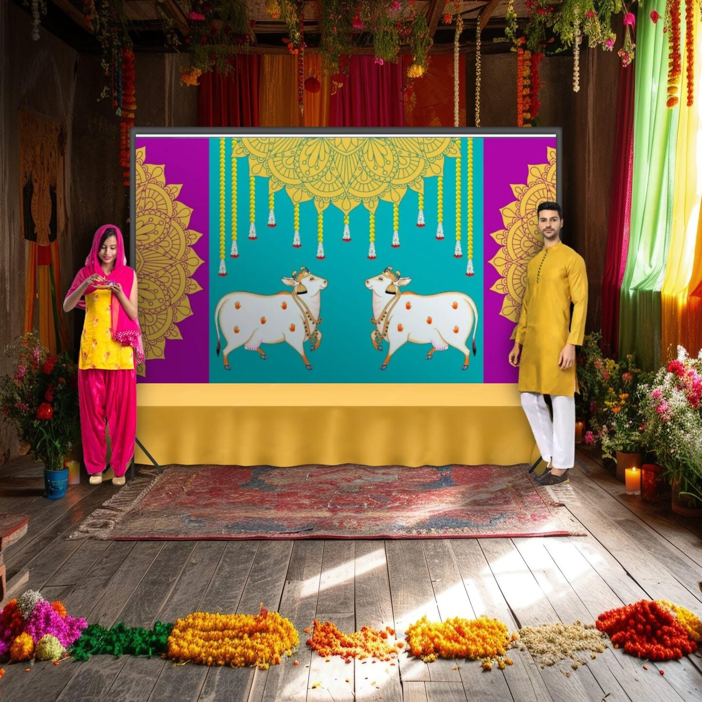 Pichwai Cow Print Backdrop 5x8 Feet Backdrop Indian Traditional Cloth Satnaryan Pooja Decor Indian Pooja Wall Decor Indian Wall Art Photo Decor Banner Decorative Cloth Wedding Favor