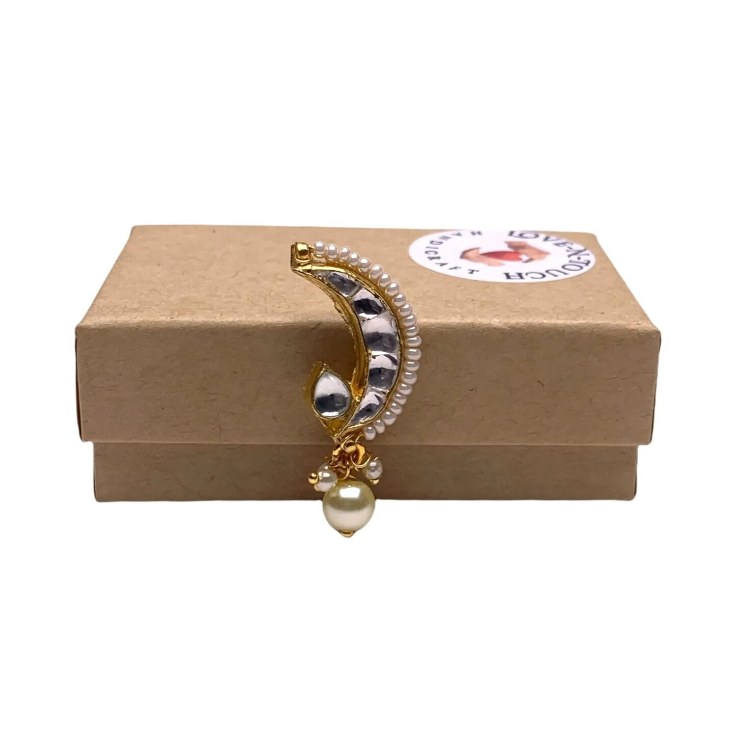 Kundan Classis Nose Ring for Women - Indian Marathi Bridal Nath Designer Moon Clip-on Nose Ring Faux Pearl with Gold Platting Bollywood Style Nath Non-Piercing Nose Accessory Gift for Her