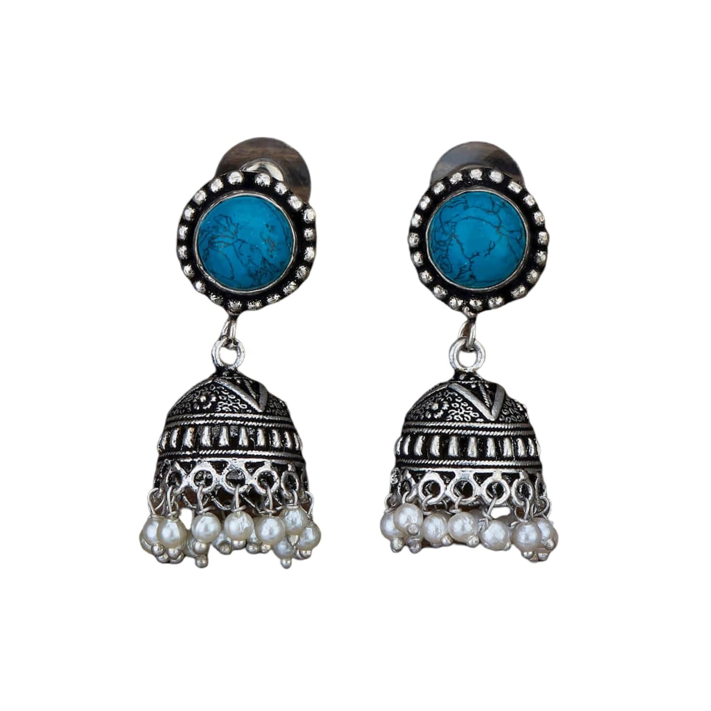 Indian Oxidized Jhumka Earrings for Women - Indian Oxidized Bell Tassel Jhumki Ethnic Chandbali Earrings Faux Pearls with Oxidized Platting Bollywood Style Dangle Earring Jewelry for Bride