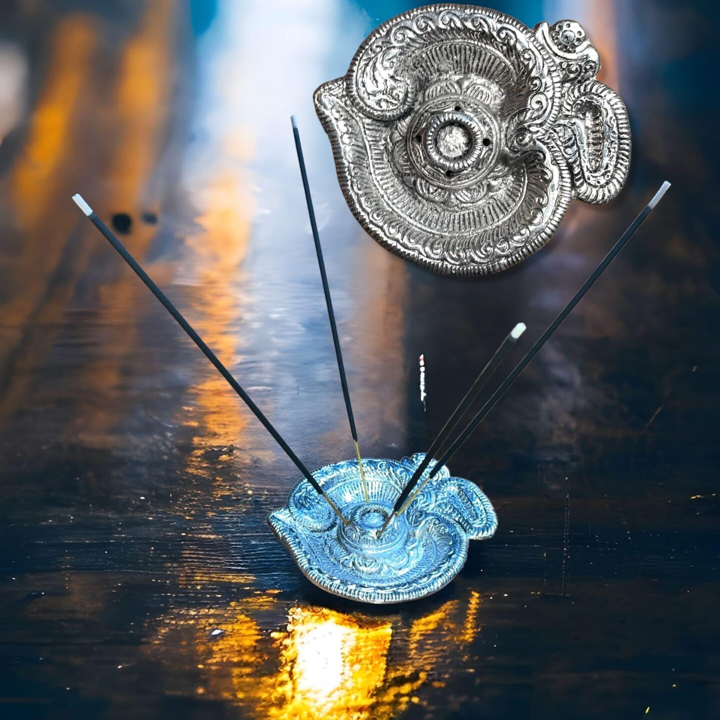 Om Incense Holder Agarbatti Dhoop Holder Aluminum/Silver Ash Catcher Dhoop Dan Mess-free Incense Holder Conical Tray for Temple Living Room Decor Housewarming Gift