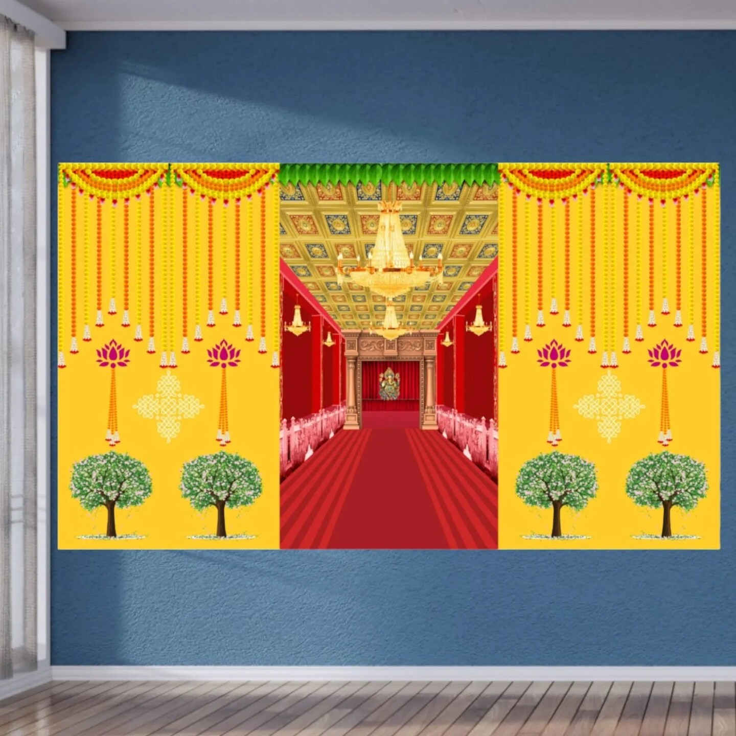 Ganesha Backdrop Indian Traditional Cloth 5x8 Feet Backdrop Pooja Banner Indian Wall Art Photo Decor Banner Diwali Decor Wedding Backdrop Decorative Pooja Cloth