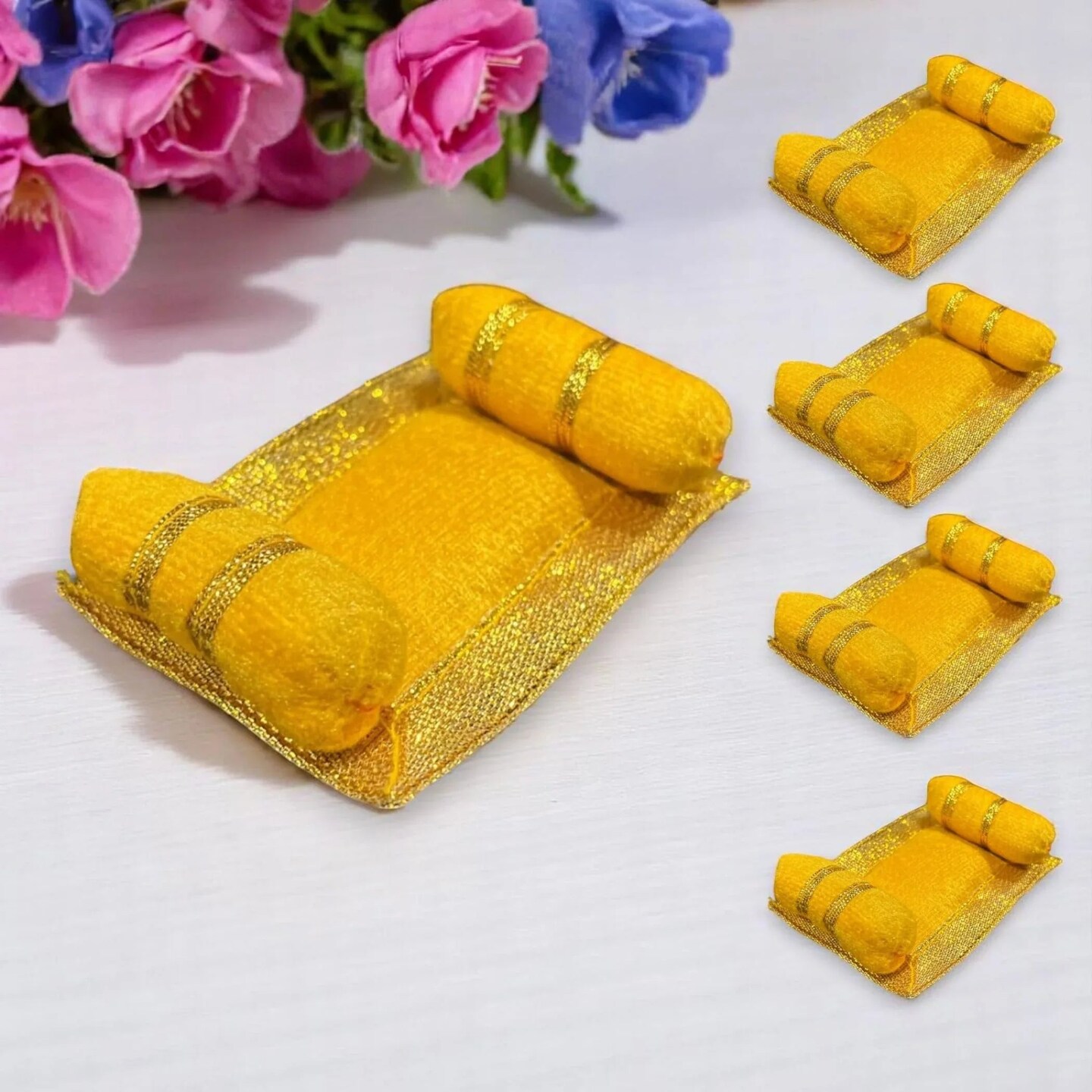 Mini Laddu Gopal Velvet Asan (4 Pcs) Takiya Pillow Set for Lord Ganesha, Krishna, Kanha Ji, Bal Gopal God Goddess Idol Soft Mattress Cushion/gadda Bed Cum Aasan Set (3x2.25 Inch)