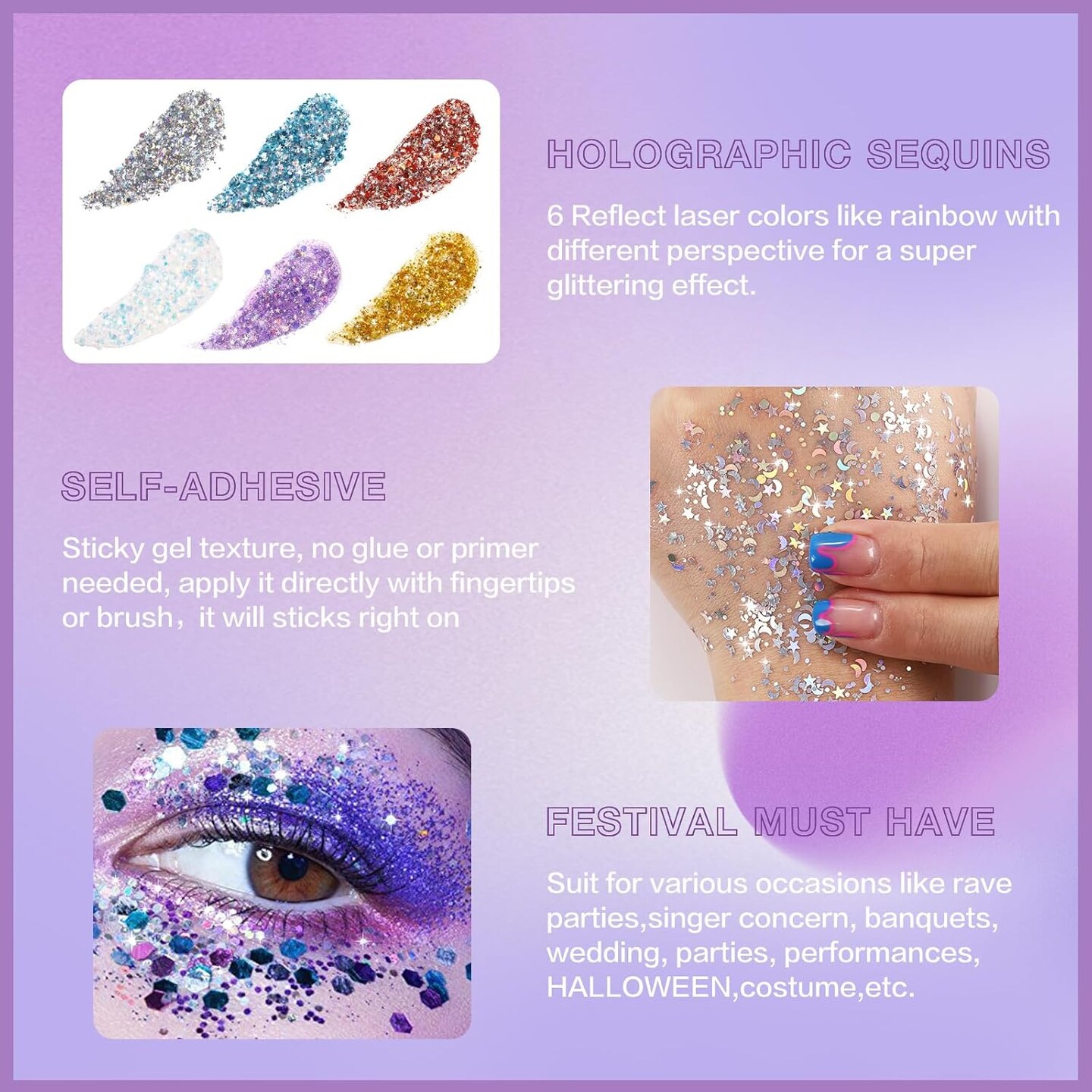 White Face Body Glitter Gel, Holographic Shimmer Chunky Glitters Makeup for Hair Nails Eye Lips