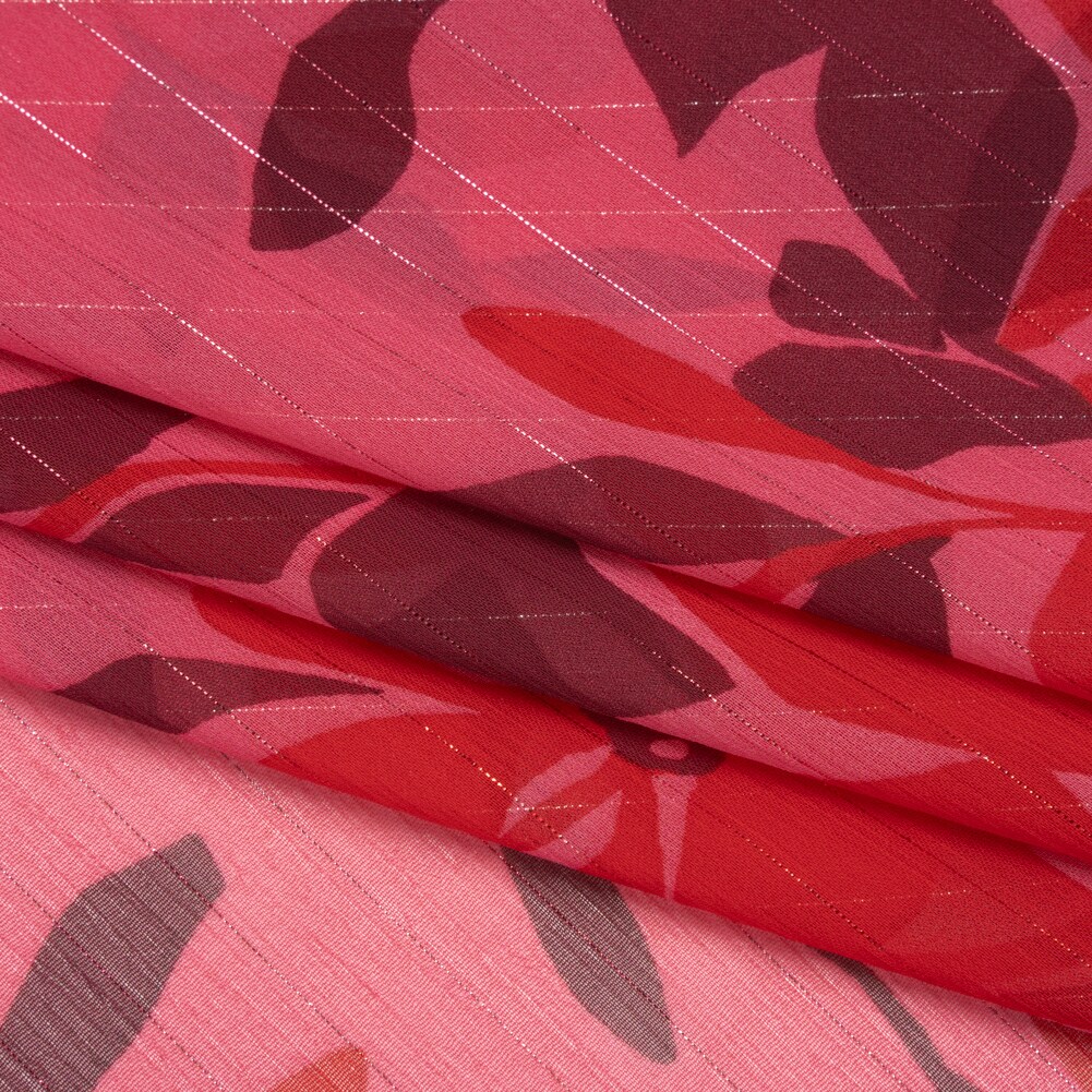 1 Yard Dark Pink Floral Polyester Chiffon with Metallic Pinstripes 56 Inch Wide