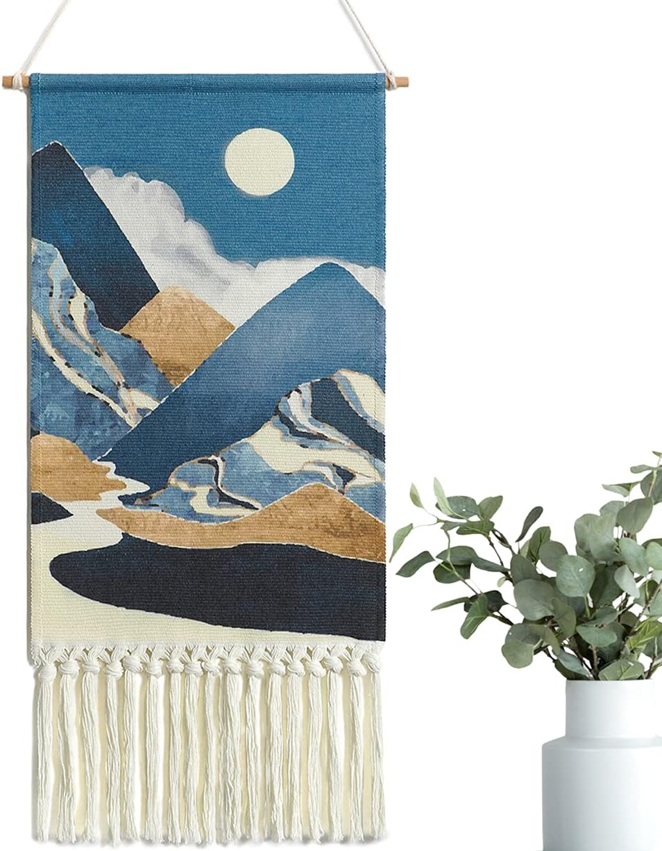 Macramé Woven Wall Hanging Tapestry – Boho Moon & Mountain Design, Blue Aztec-Inspired Wall Art for Apartment, Dorm, or Home Décor Backdrop