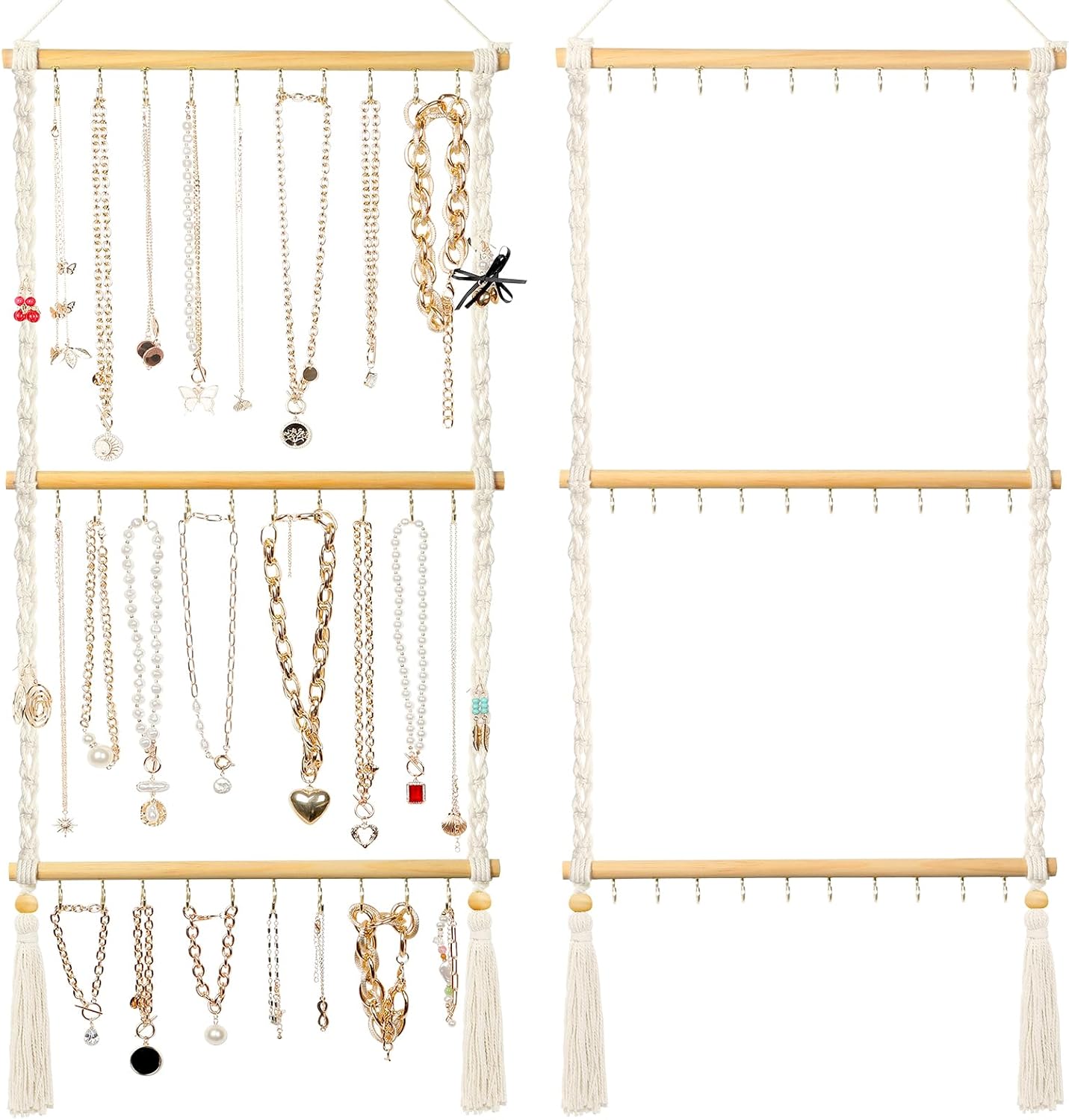 Hanging Jewelry Organizer Macrame Necklace Holder, with 30 Hooks, Over Door Necklace Rack, Wall Mounted Jewelry Hanger with Tassel Boho for Necklace Headband Bow Earring Bracelet