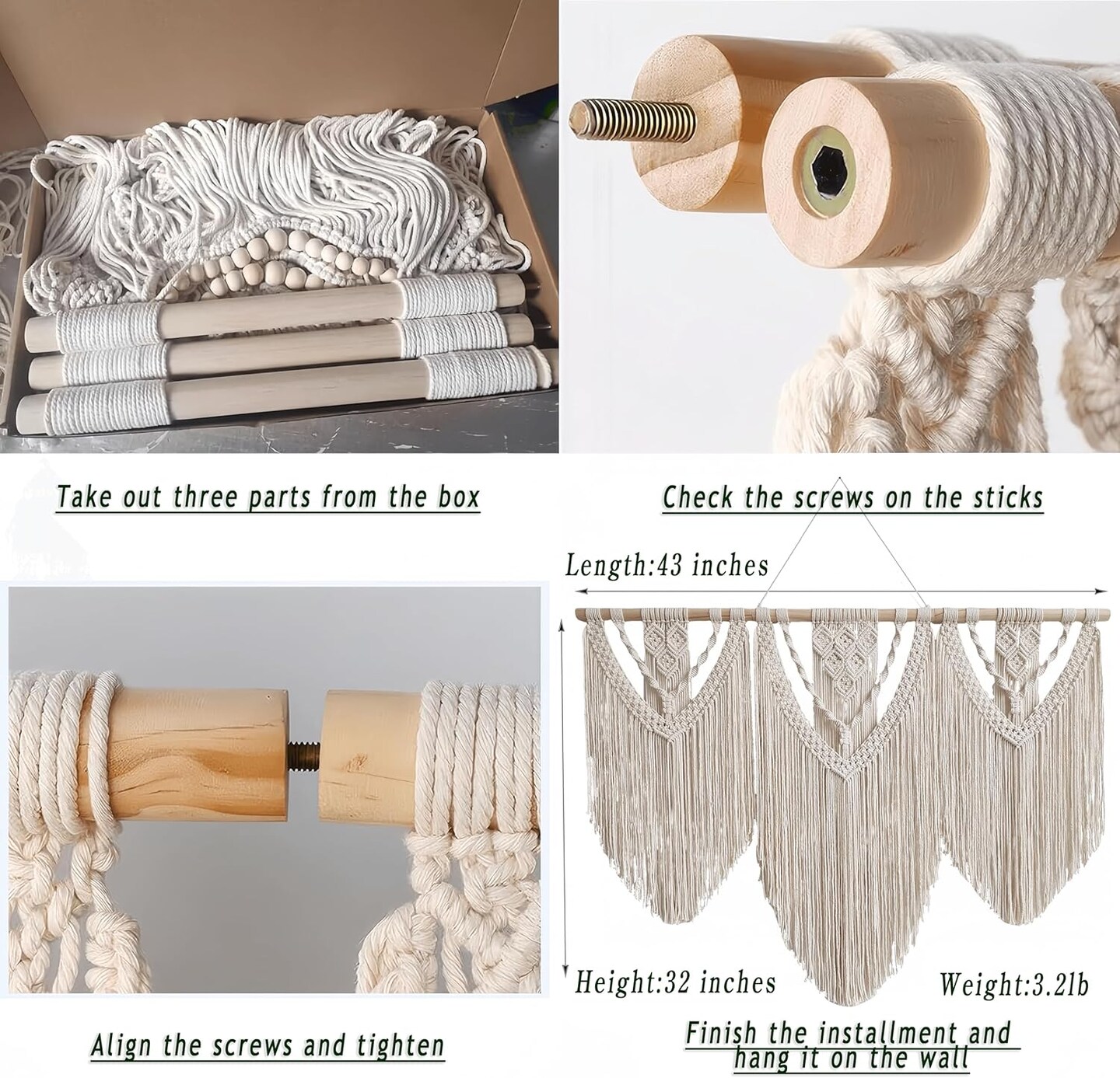 Large Handmade Boho Macrame Wall Hanging Tapestry Chic Bohemian Woven Wall Art for Living Room, Bedroom, or Wedding Party Decor (Beige, Twelve Rhombus Design)