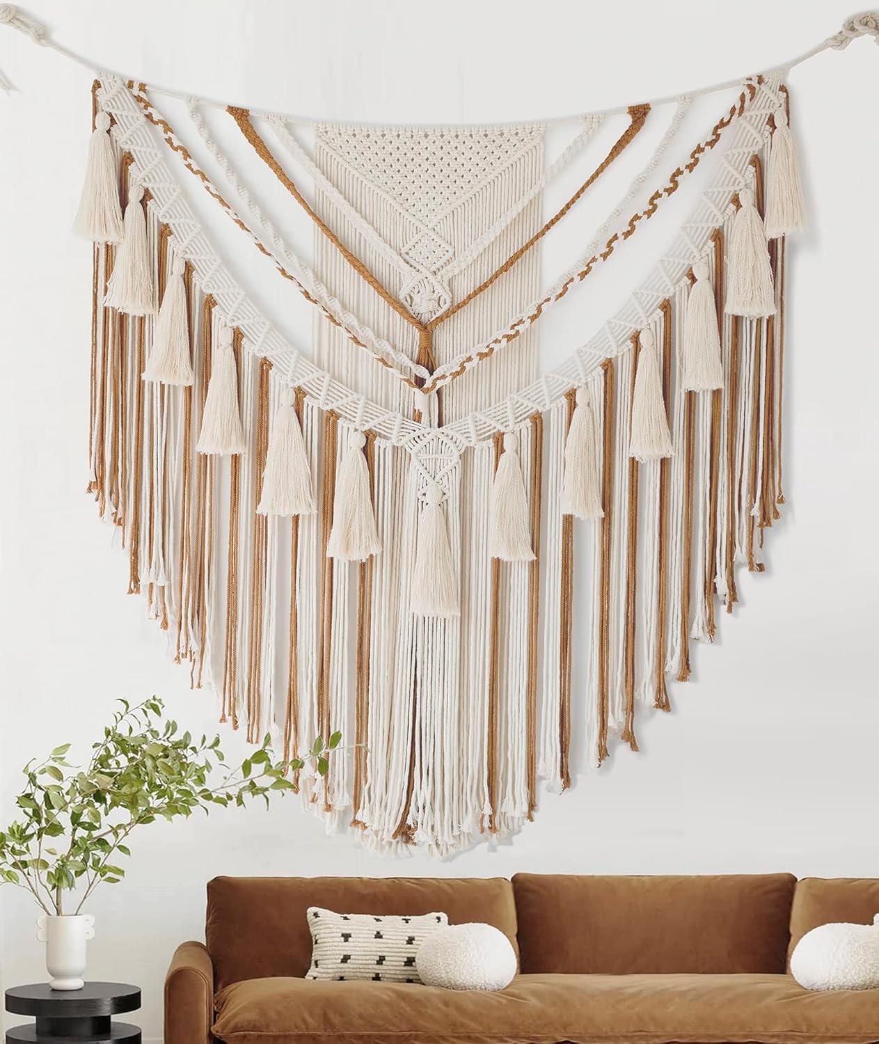 Large Macrame Wall Hanging 47&#x22; Wx 55&#x22; L Brown Macrame Wall Decor Boho Panels Handmade Yarn Wall Art Living Room Bedroom Home Decor
