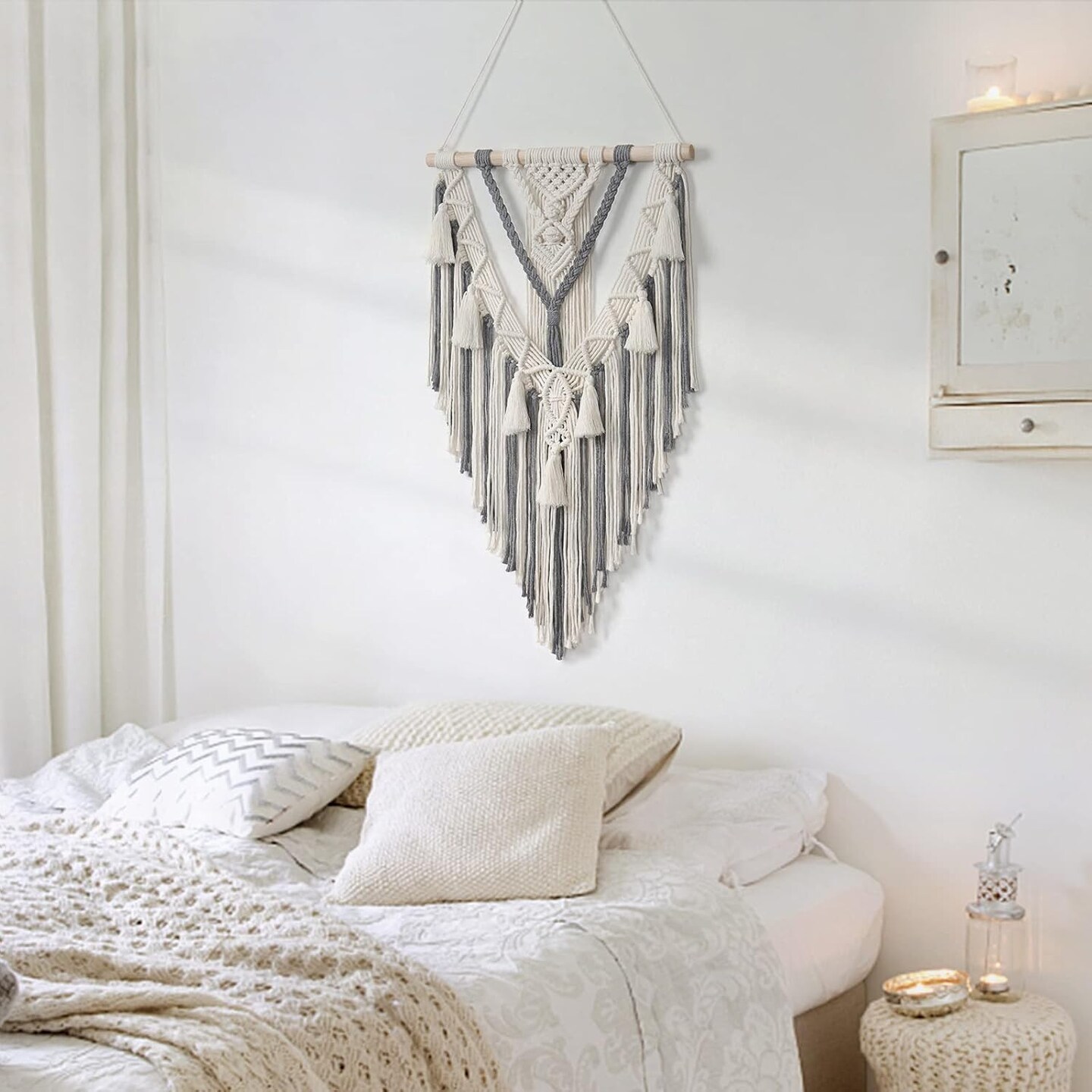 Macrame Woven Wall Hanging Boho Geometric Woven Tapestry Beige &#x26; Grey Cotton Handmade Bohemian Art Decor with Tassel Craft Ornament for Bedroom Living Room Apartment Nursery (Grey)