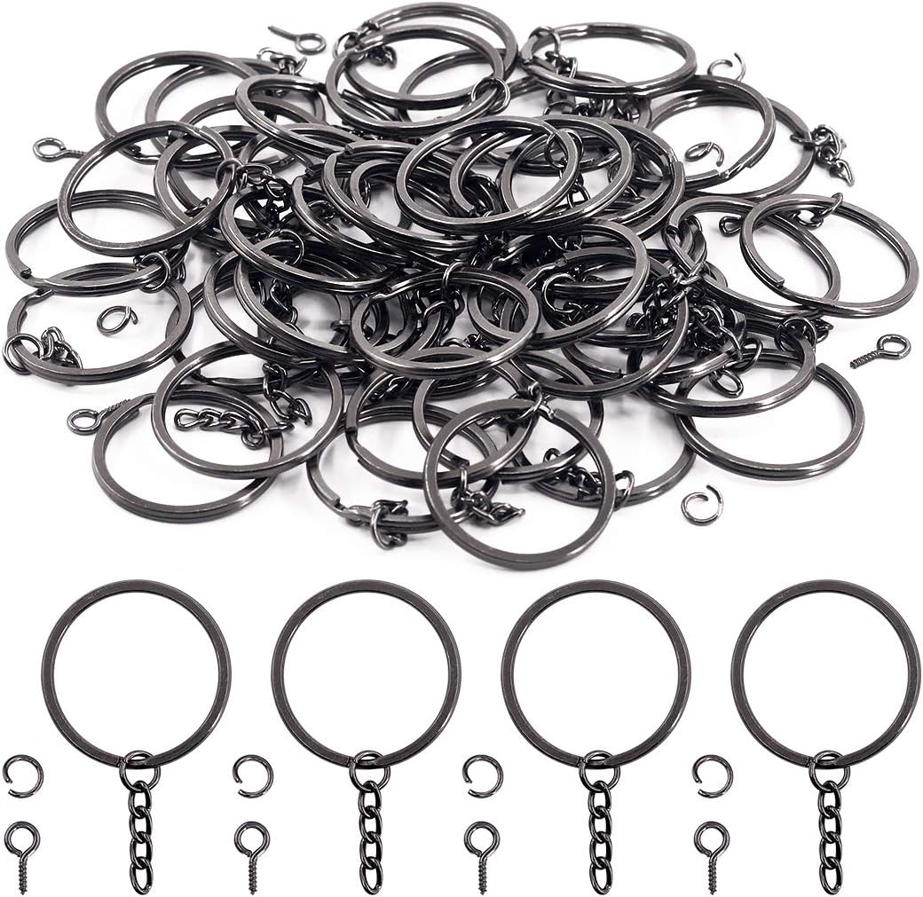 300Pcs 7/5 Inch 35mm Black Flat Key Chain Rings Kit, Including 100Pcs Split Keychain Rings with Chain and 100Pcs Jump Ring with 100Pcs Screw Eye Pins Bulk for Jewelry Findings Making