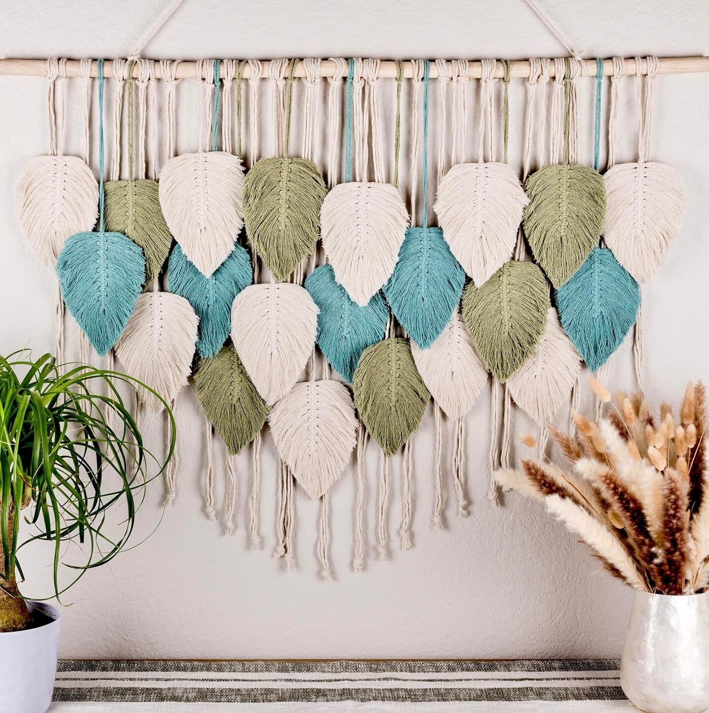 Large Macrame Wall Hanging Leaves - Chic Bohemian Handmade Woven Tapestry Wall Hanging Leaf Wall Art, Feather Boho Wall Decor for Living Room Nursery Bedroom, 39"W X 31"L (Sage Green, Green, Beige)