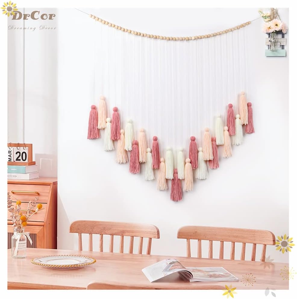 Blush Pink Boho Macramé Wall Hanging – Cozy Fall Décor with Rose Gold Tassels for Nursery, Dorm, Baby Shower, Wedding, or Thanksgiving Display