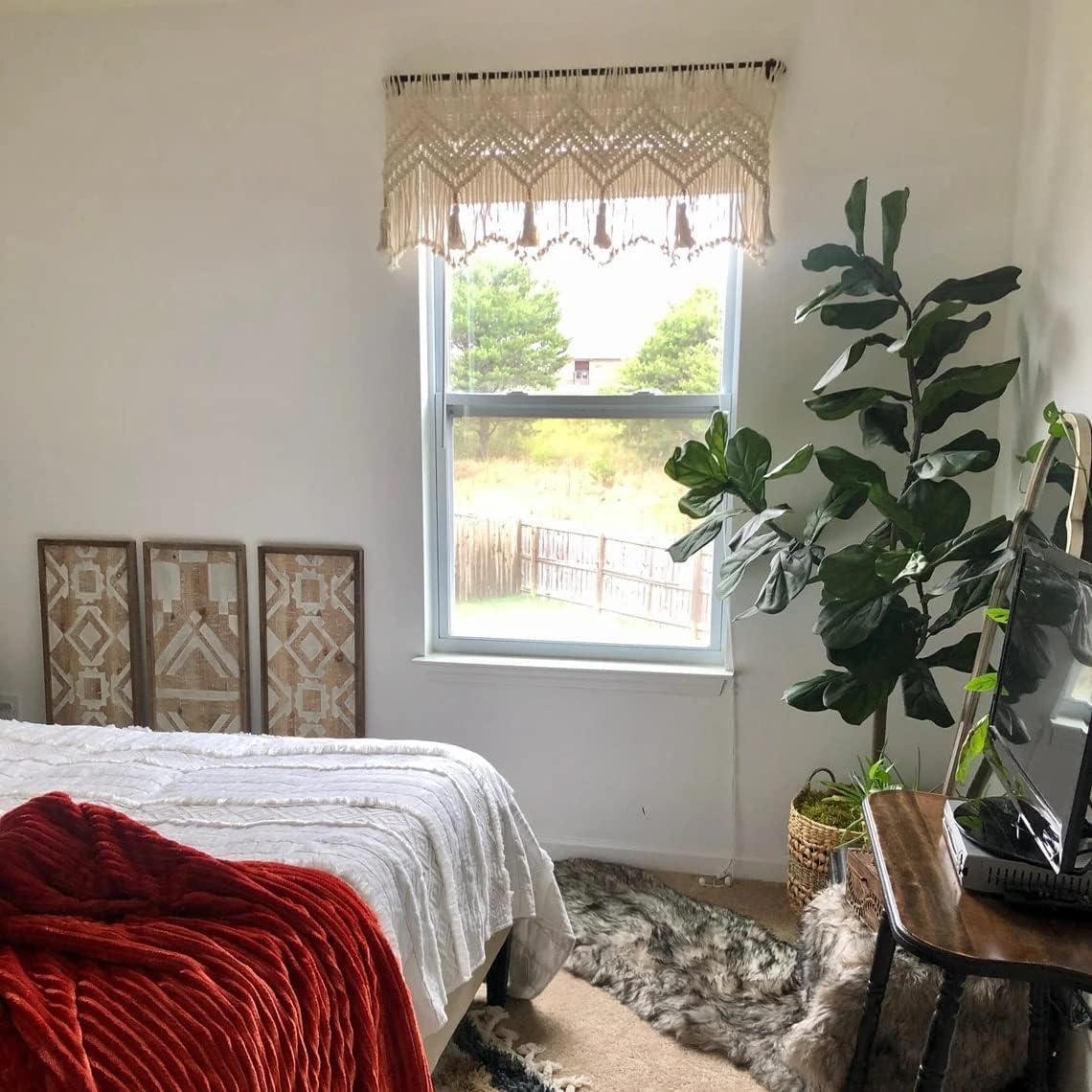 Boho Macrame Valance Curtain – 1 Panel Window Treatment, 52" W x 21" L, Handmade Bohemian Wall Hanging for Bedroom or Living Room Decor