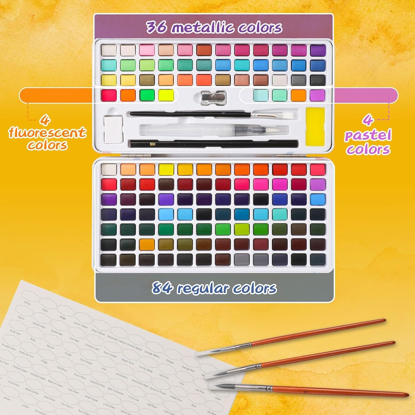 128 Colors Washable Watercolor Paint Set with 4 Brushes, Portable Travel Water Color Kit with Carrying Case, Palette and Accessories, Non-Toxic Art Supplies Gift for Artists Adult Teen Kids Girls Boys