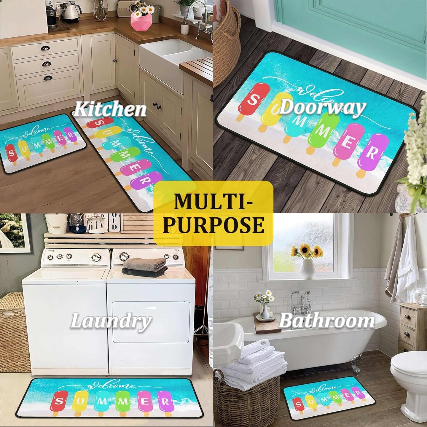 Summer Kitchen Rugs and Mats Set of 2, Non Slip Backing Welcome Coastal Kitchen Rug Summer Kitchen Decor Seasonal Holiday Ocean Home Decorations Kitchen Floor Mat 17&#x22;X47&#x22;+17&#x22;X30&#x22;