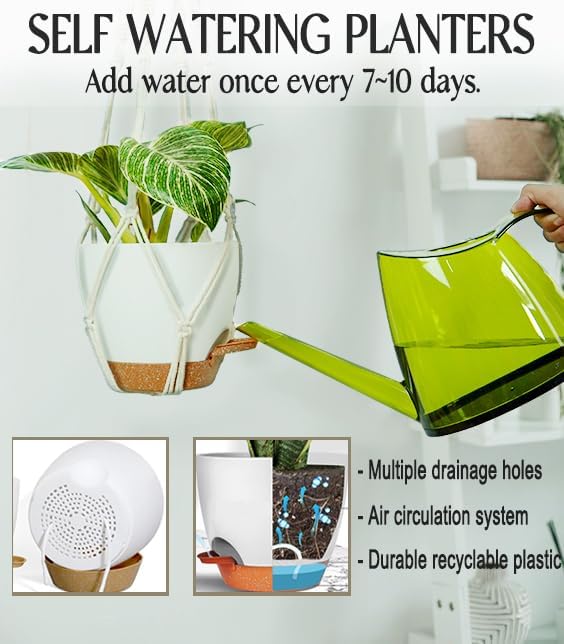 3-Piece Macramé Hanging Planters Set – Indoor & Outdoor Self-Watering Plant Pots, Hanging Baskets in 3 Sizes, Flower Pot Holders