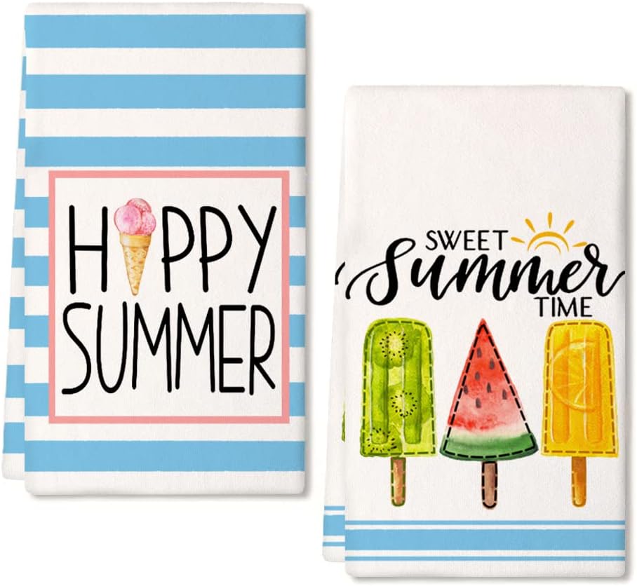 Popsicle Hello Summer Kitchen Towels Dish Towels Set of 2,Blue Stripes Ice Cream Hand Towels 18x26 Inch Drying Dishcloth,Farmhouse Home Seasonal Holiday Summer Decorations