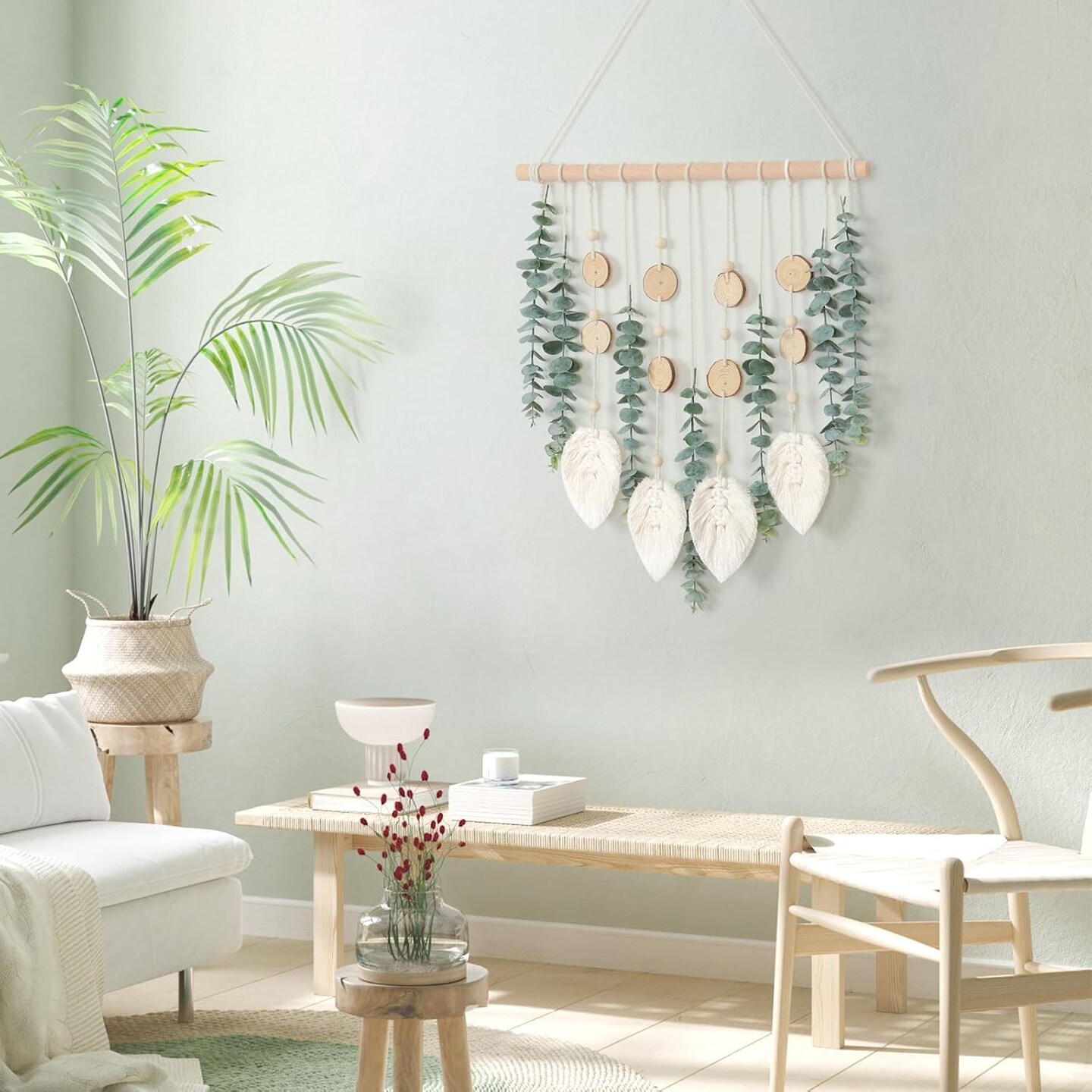 Artificial Eucalyptus Wall Hanging Faux Greenery Decor with Fake Eucalyptus Stems Plants Wooden Stick Macrame Leaves Boho Chic Bohemian Home Wall Art for Nursery Living Room Bedroom Bathroom