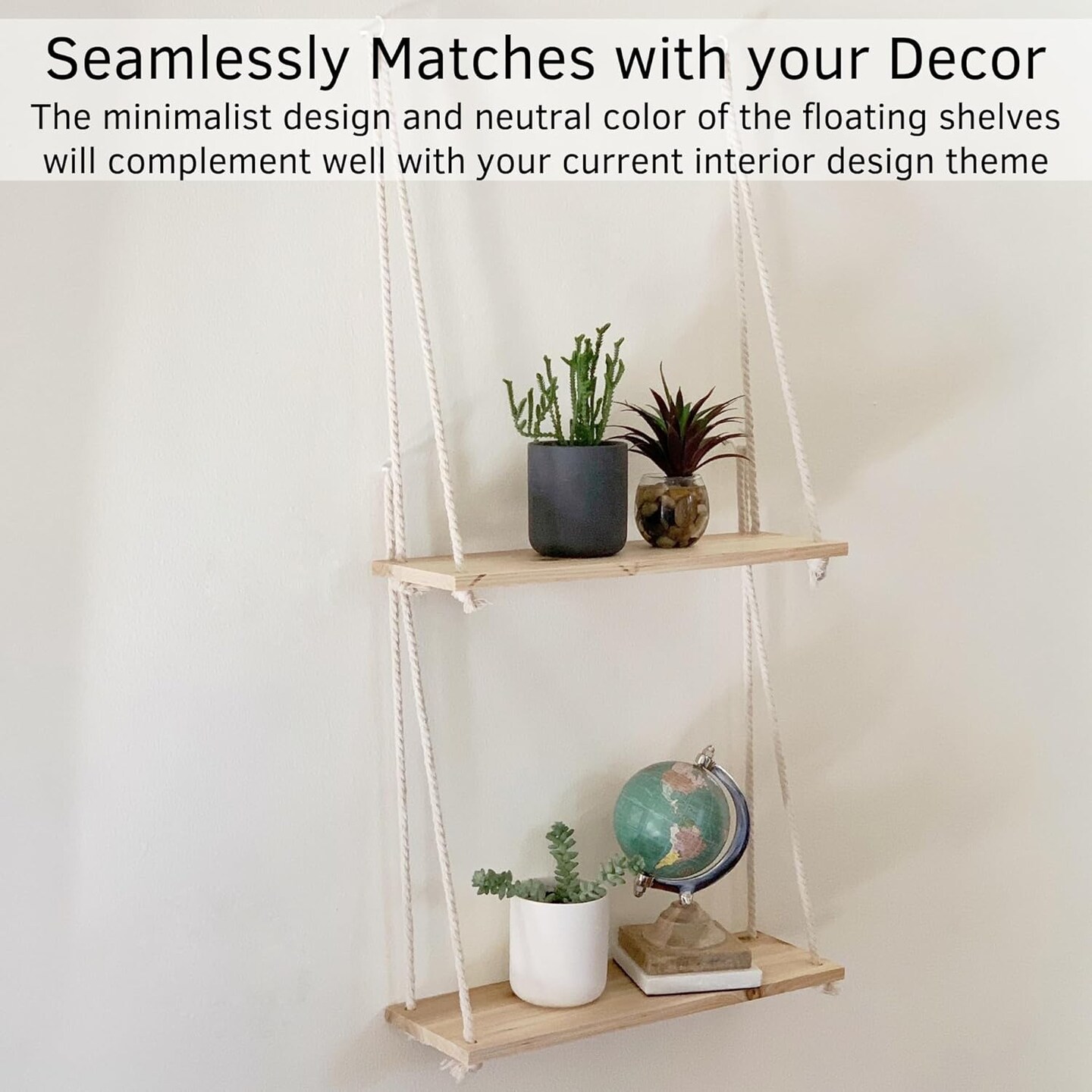 Macrame Wall Hanging Shelves, Floating Shelves Boho Rope, Lightweight Rustic Wood, Triangle Floating Shelves Easy Hanging Shelves no Drill Set of 2