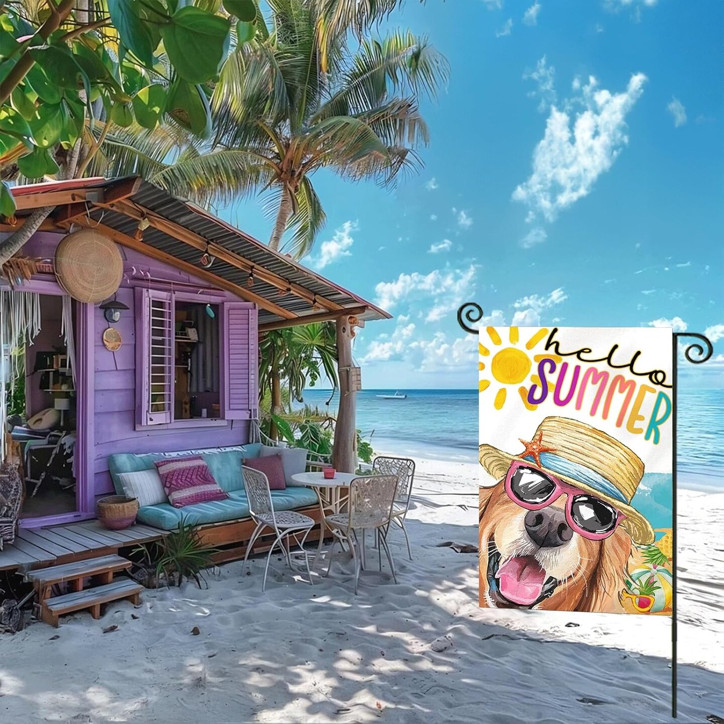 Hello Summer Garden Flags for Outside, Dog with Sunglass Beach Sun Hat Yard Decoration, Small Seasonal Outdoor Decor