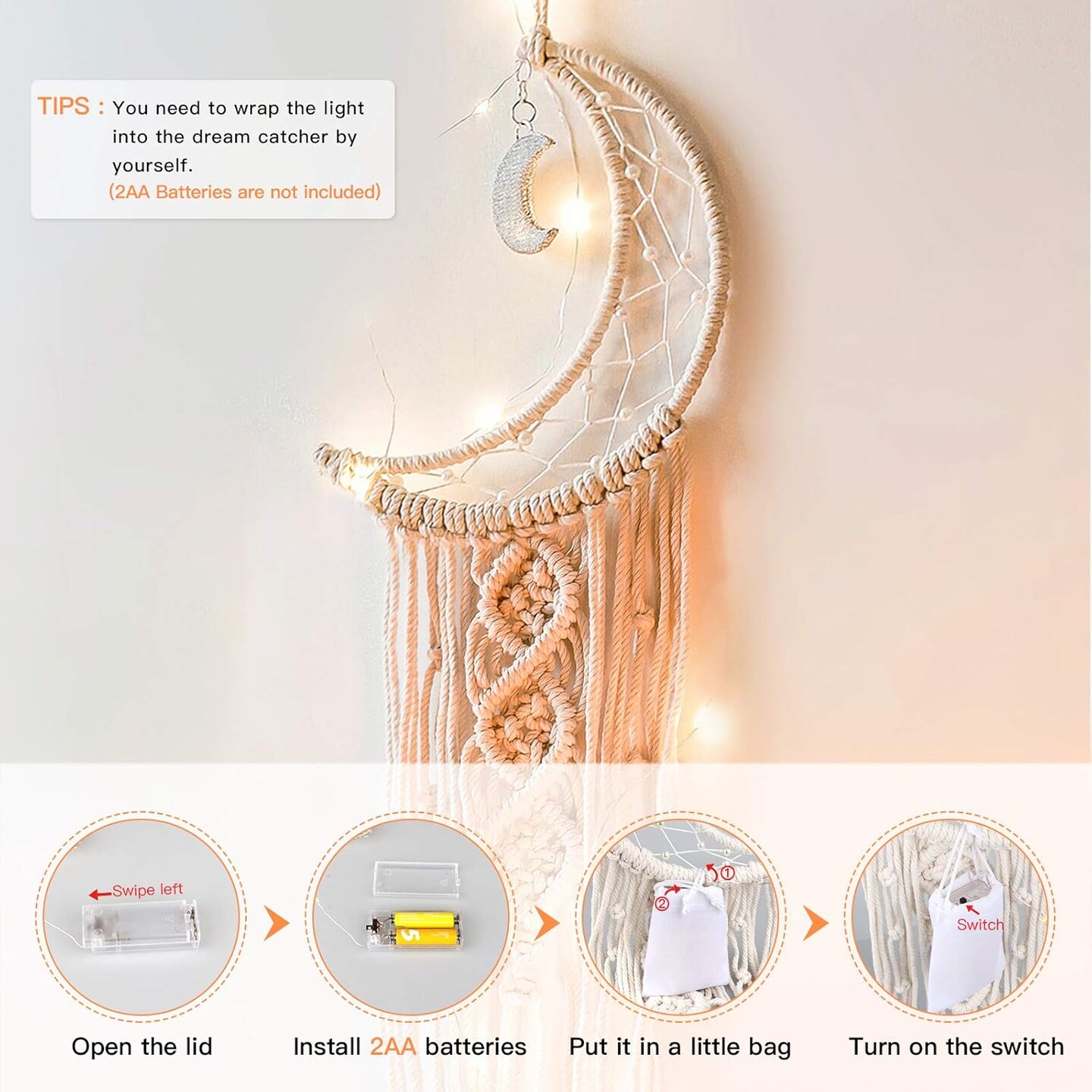 Boho Macrame Woven Wall Hanging, Moon Dream Catcher, Handmade Dream Catchers for Mom, Women, Girls, Woven Wall Hanging Bedroom Decoration (Moon-White)