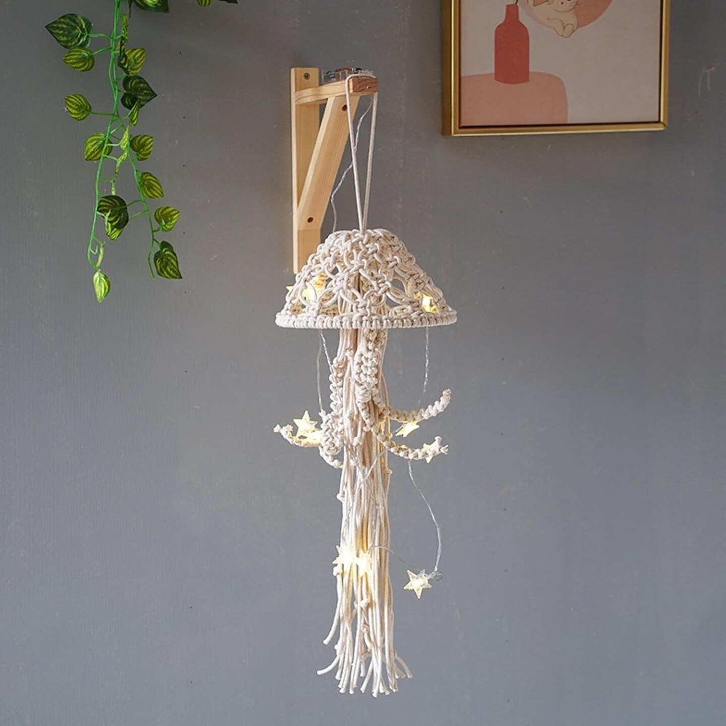 Macrame Wall Hanging,Jellyfish Dream Catcher with Star Lights,Bohemian Woven Wall Art Decor Beautiful Apartment Dorm Room Door Decoration