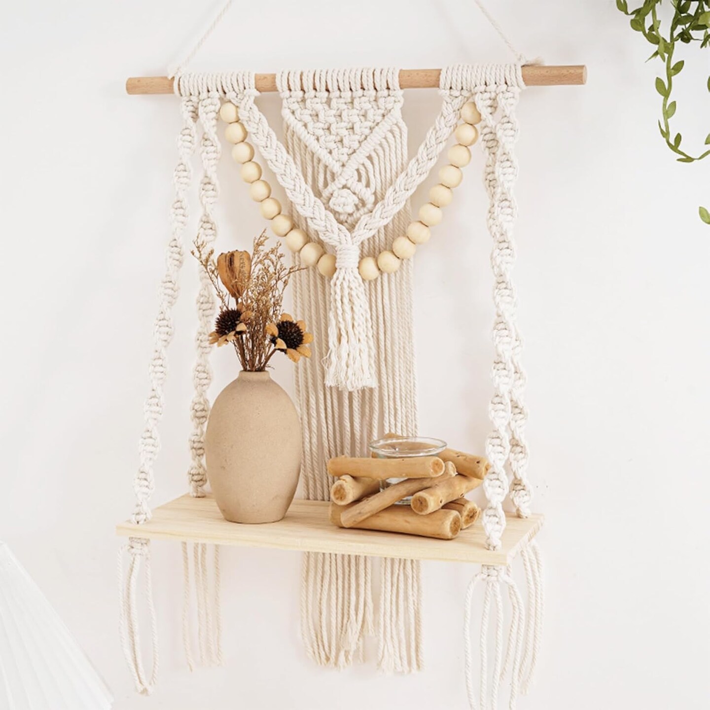Handmade Macrame Wall Hanging Shelf – Boho Woven Floating Shelf for Plants, Storage, and Decor, Ideal for Bathroom, Bedroom, or Nursery