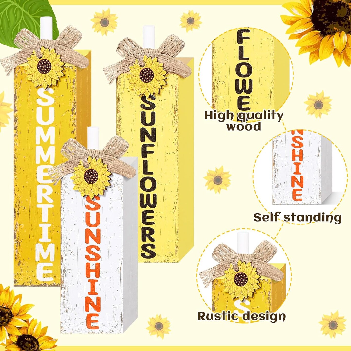 3 Pcs Sunflower Table Decor Summer Wooden Block Sign Summer Tiered Tray Decor Rustic Farmhouse Sunflower Wood Tabletop Centerpieces for Home Kitchen Shelf Office Decorations