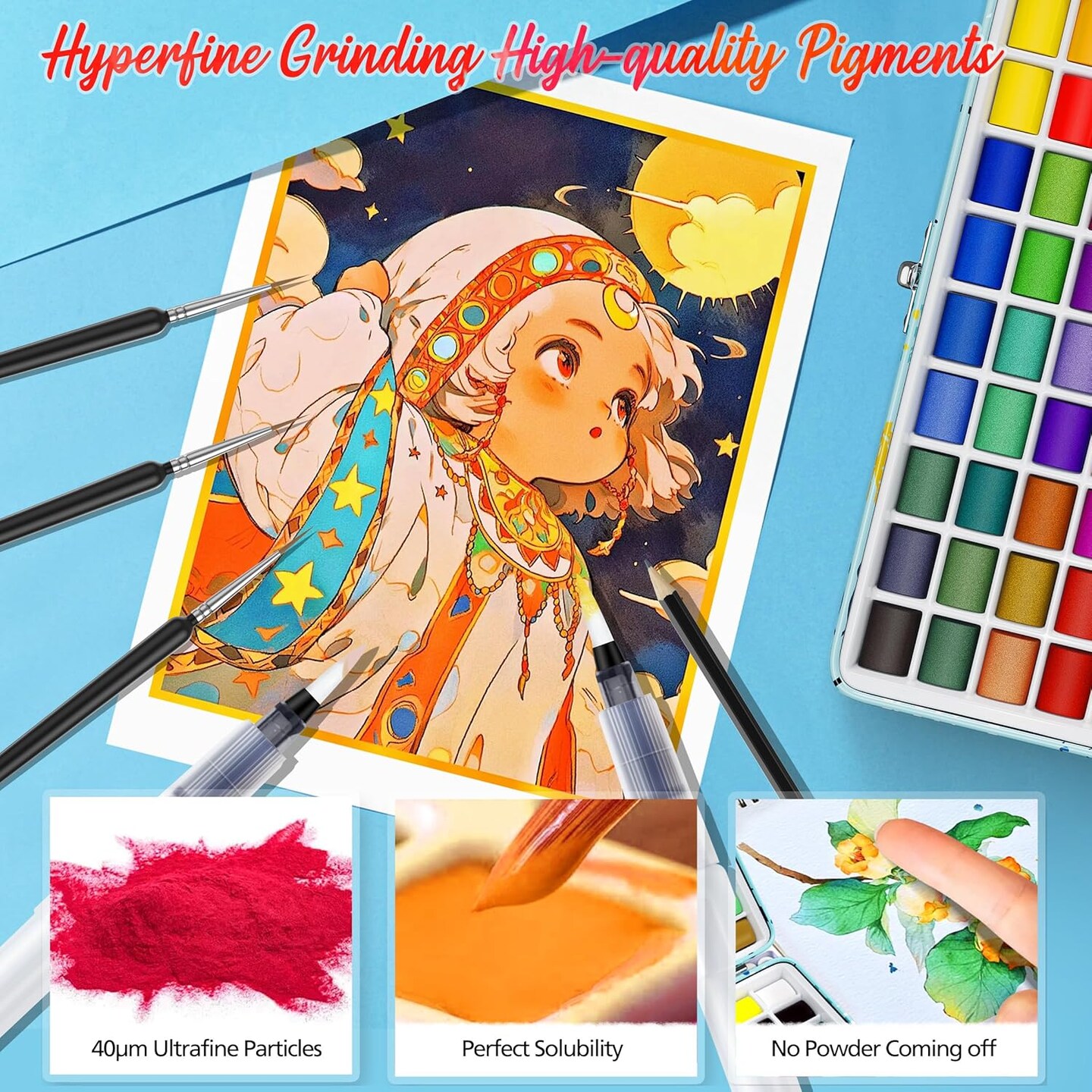 50 Colors Washable Watercolor Paint Set with 6 Brushes, Portable Travel Water Color Kit with Carrying Case, Palette and Accessories, Non-Toxic Art Supplies Gift for Artists Adult Teen Kids Girls Boys
