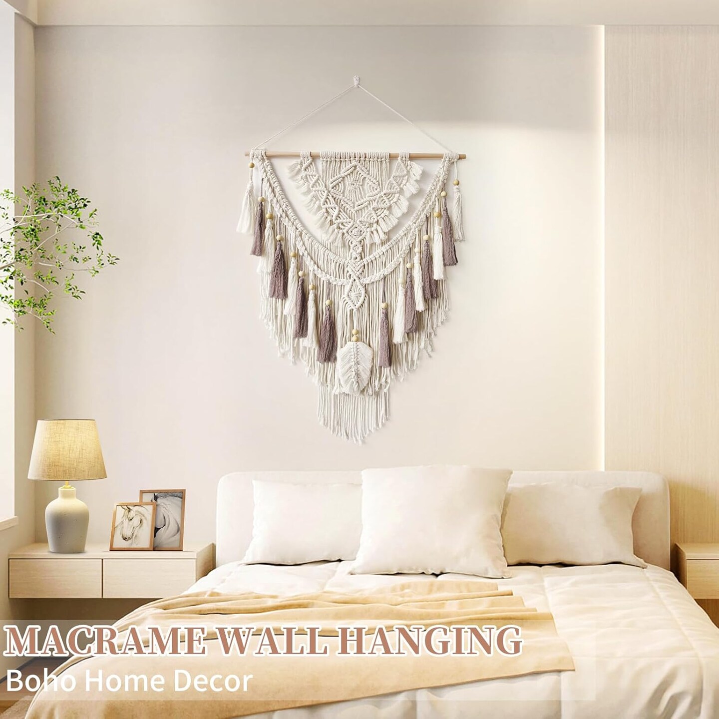 Macrame Wall Hanging, Woven Tapestry Beige & Dusty Rose Handmade Craft Macrame Wall Decor, Gallery & Nursery, Size 37.4” Lx27.5” W