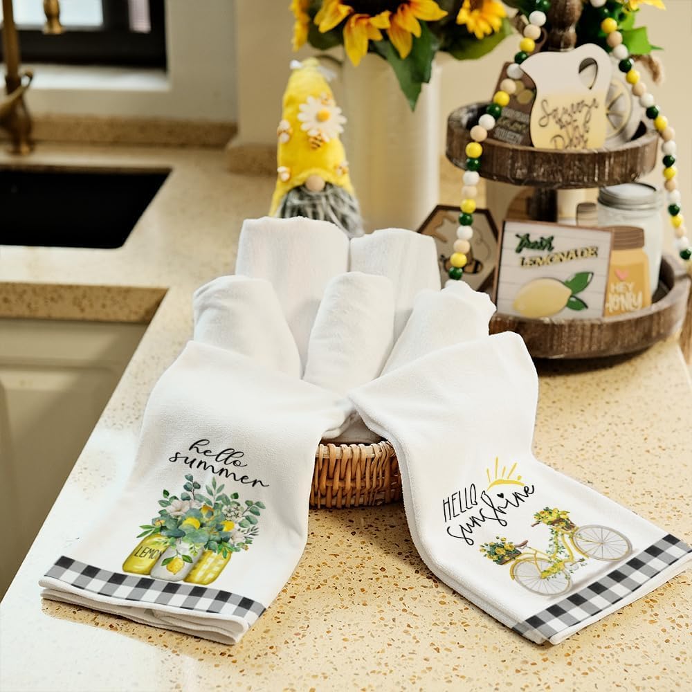 Yellow Lemon Eucalyptus Summer Kitchen Towels Dish Towels Set of 2,Black Bike Hello Summer Hand Towels 18x26 Inch Drying Dishcloth