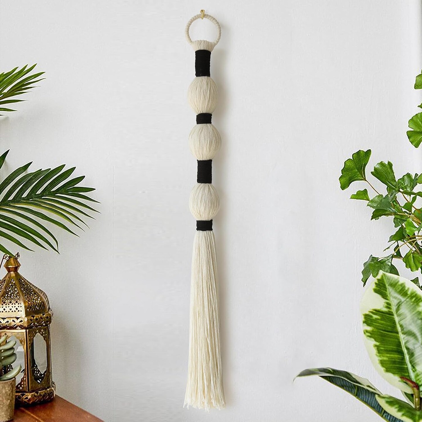 Boho Macrame Wall Hanging – Small Cotton Tassel Fiber Art for Living Room & Bedroom, 27" x 2.3"