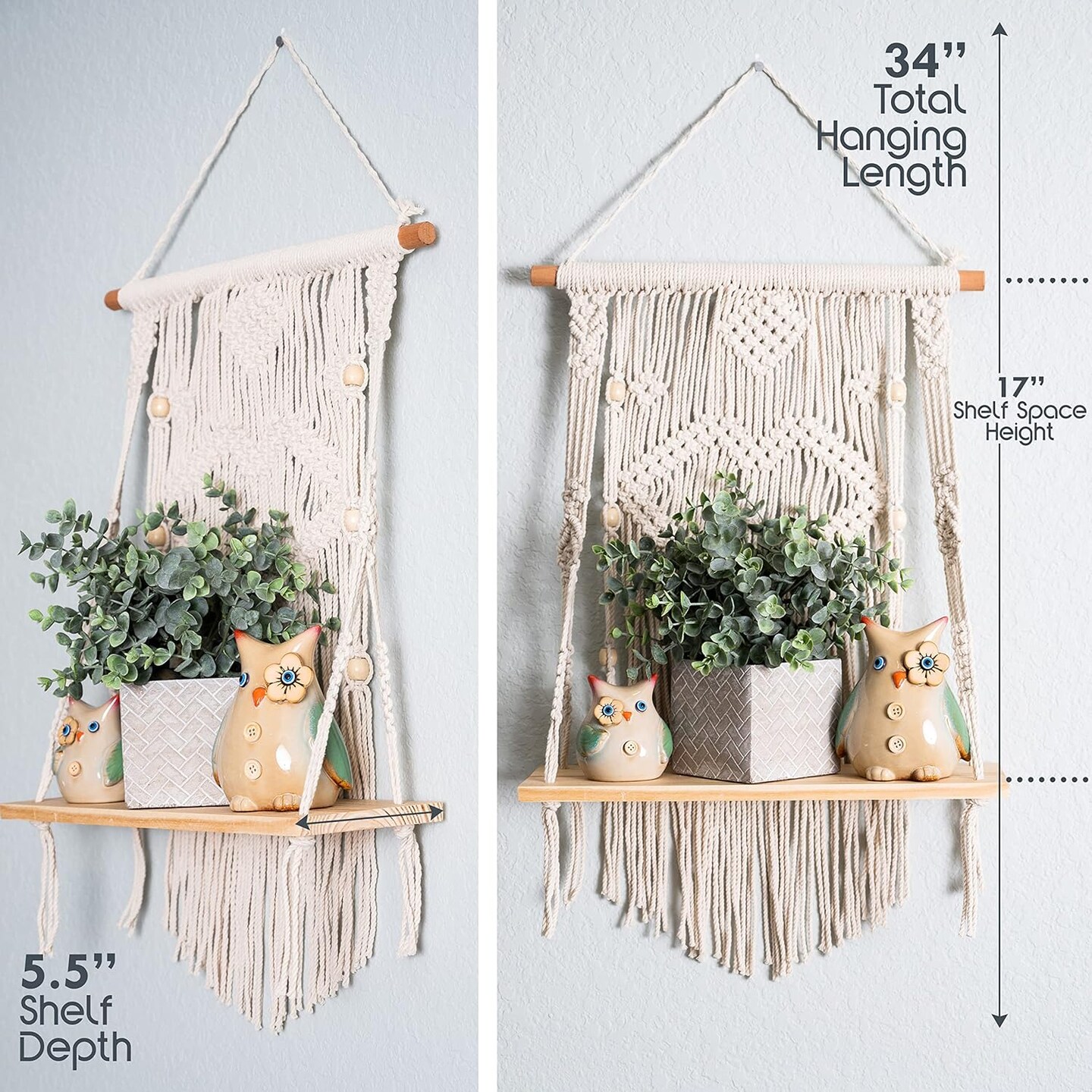 Macrame Wall Hanging Shelf - Tier Wall Shelves with Handmade Woven Rope - Boho Shelves Organizer Hanger for Kitchen, Bathroom, Home Storage, Floating Indoor Plant Wall Shelf (1 Tier)