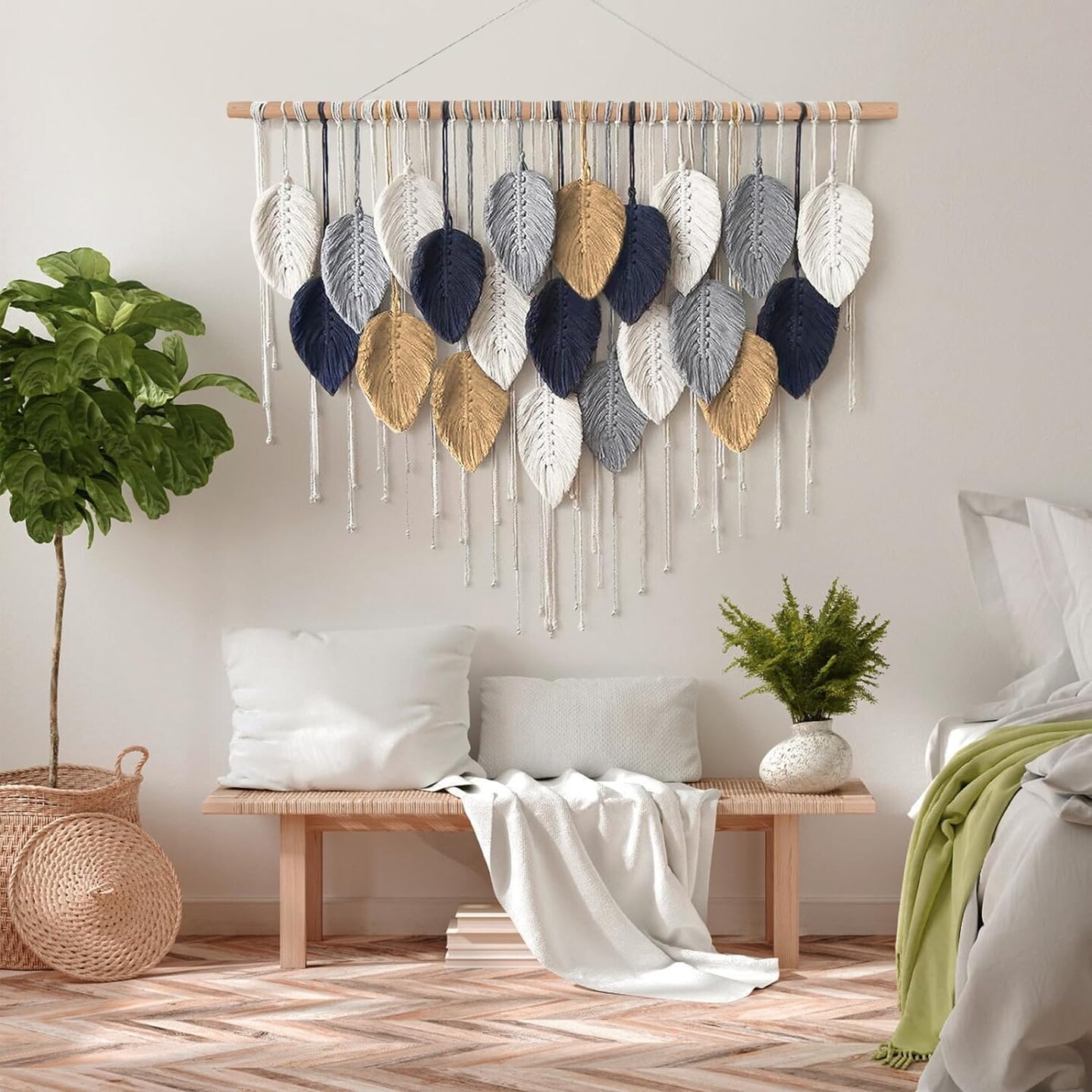 Large Macrame Wall Hanging, Boho Handmade Leaf Feather Bohemian Woven Tapestry, Chic Wall Art Home Decor for Bedroom Living Room Nursery Apartment Decorations(39&#x22; W x 29.5&#x22; L)